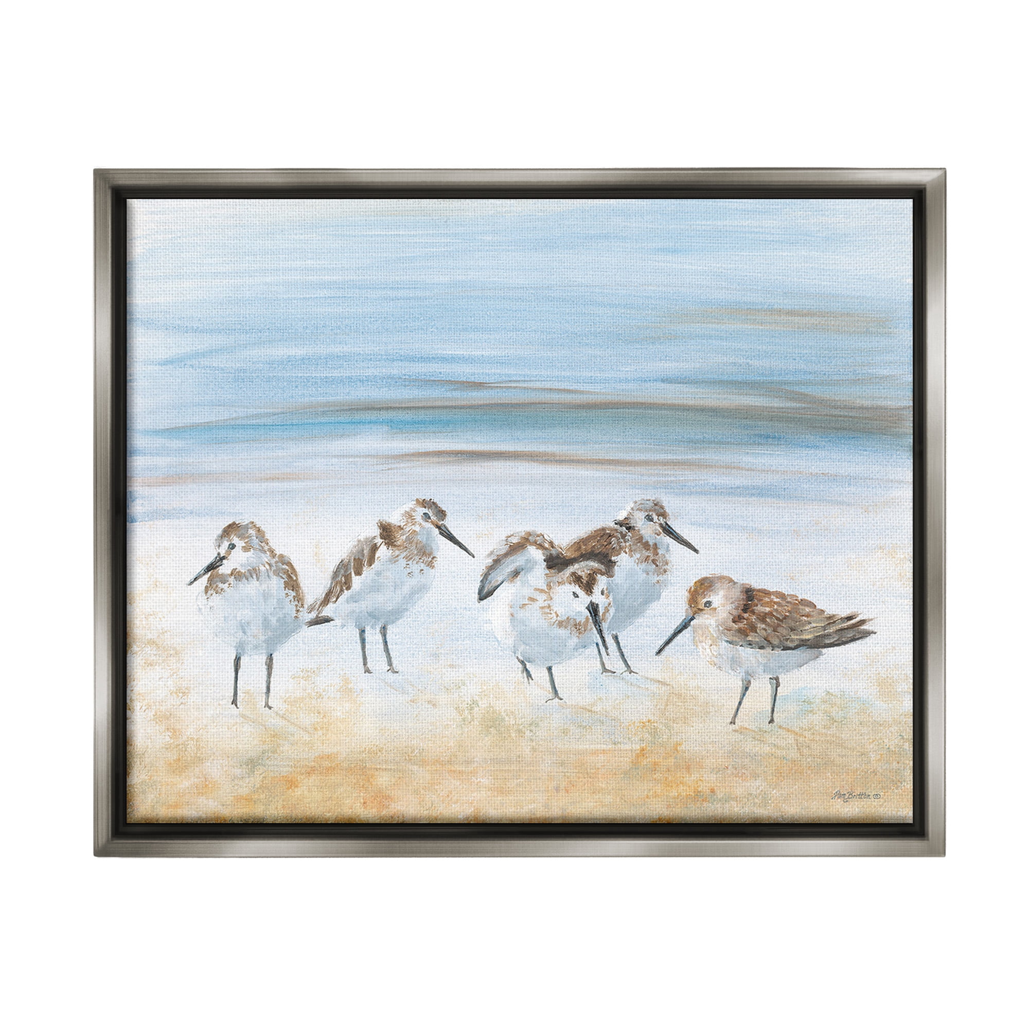 Stupell Industries Summer Sandpipers on Shore Animals & Insects Painting Gray Floater Framed Canvas Art Print Wall Art, 21 x 17