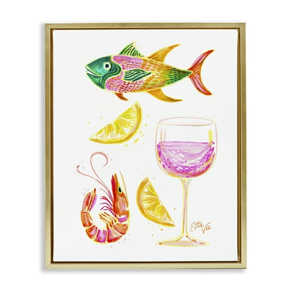 Stupell Industries Summer Seafood & Wine Gold Framed Floater Canvas Wall Art design by EttaVee, 31 x 25