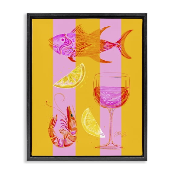 Stupell Industries Summer Seafood on Stripes Black Framed Floater Canvas Wall Art design by EttaVee, 21 x 17
