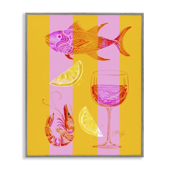 Stupell Industries Summer Seafood on Stripes Gray Framed Giclee Art design by EttaVee, 14 x 11