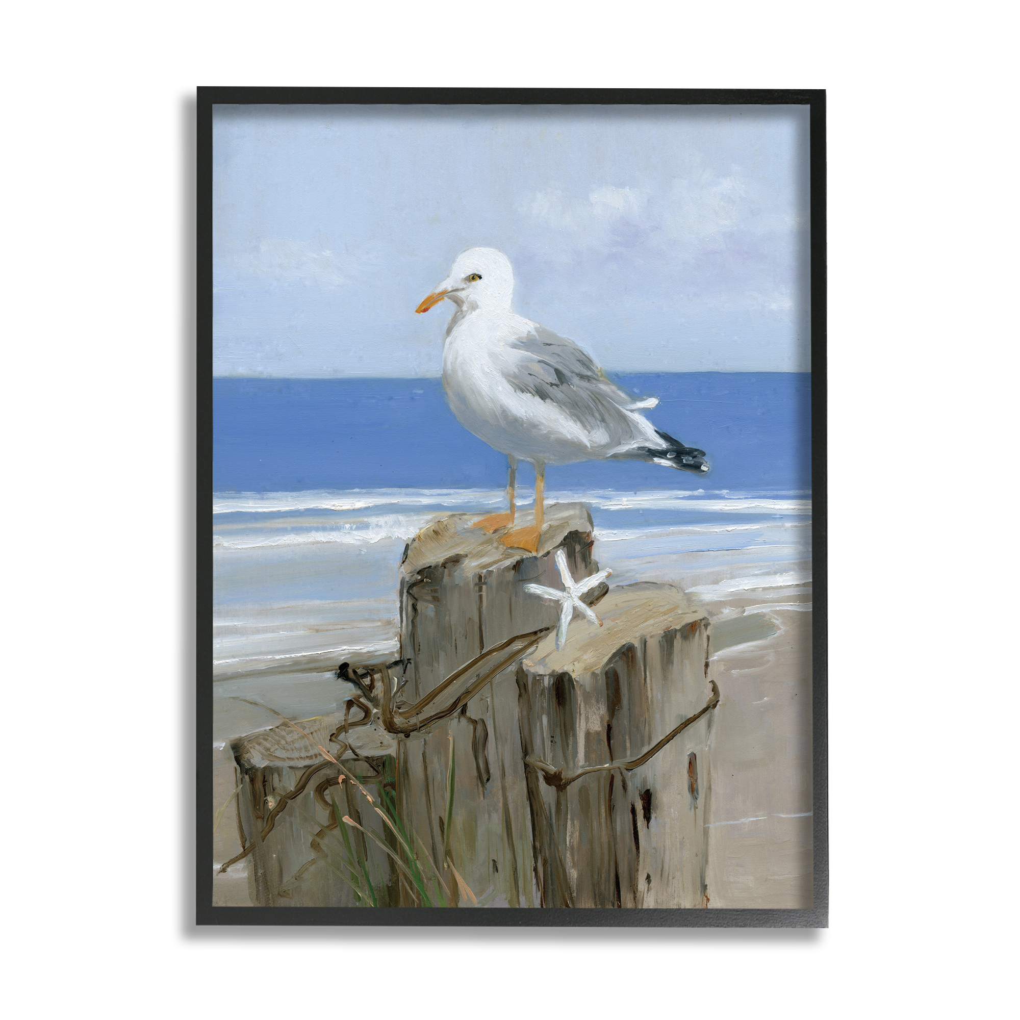 Stupell Industries Summer Seagull and Starfish Nautical Beach Post Coastal Painting Black Framed Art Print Wall Art, 16 x 20, Design by Sally Swatland