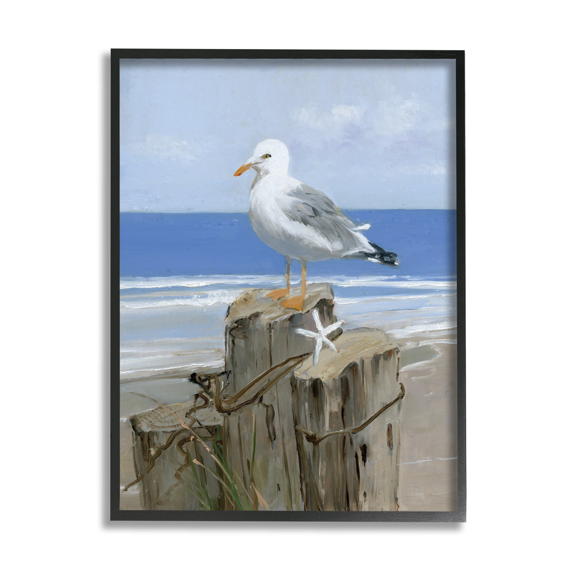 Stupell Industries Summer Seagull and Starfish Nautical Beach Post Coastal Painting Black Framed Art Print Wall Art, 24 x 30, Design by Sally Swatland