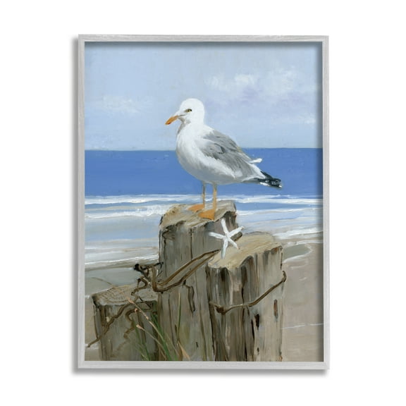 Stupell Industries Summer Seagull and Starfish Nautical Beach Post Animals & Insects Painting Gray Framed Art Print Wall Art, 11 x 14