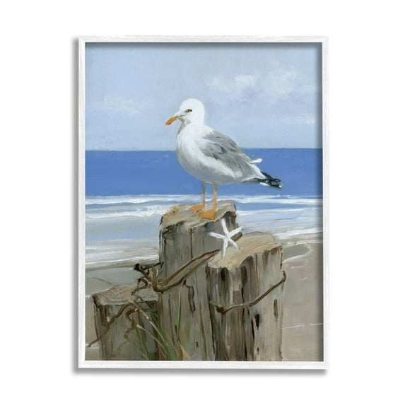 Stupell Industries Summer Seagull and Starfish Nautical Beach Post Animals & Insects Painting White Framed Art Print Wall Art, 16 x 20