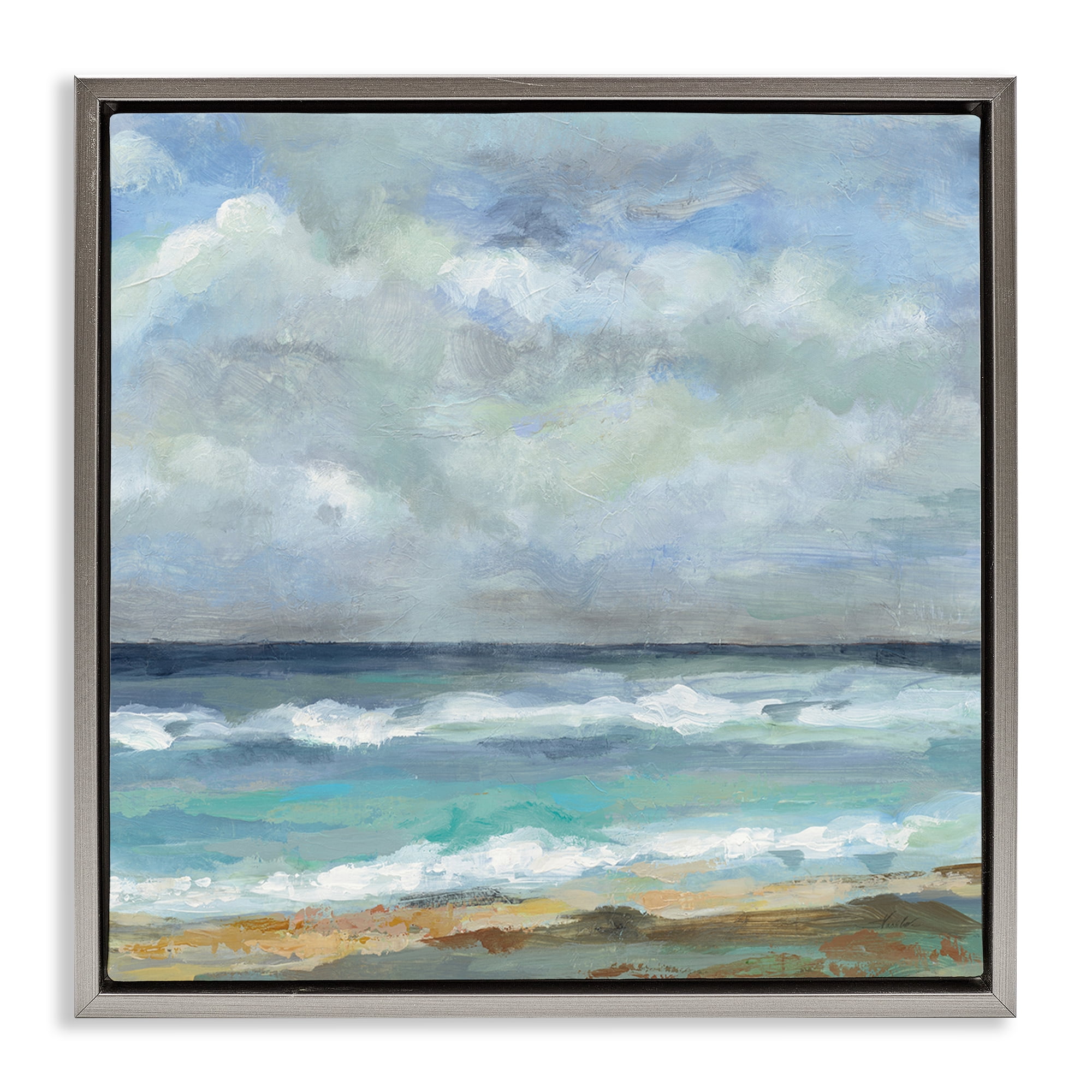 Stupell Industries Summer Seashore Waves Nautical & Beach Painting Gray Floater Framed Canvas Art Print Wall Art, 25 x 25