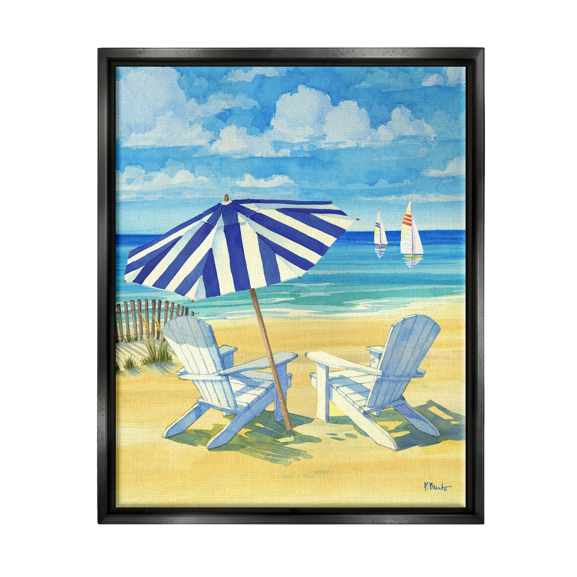 Summer Shade Beach Scene Blue and White Canvas Print with Black Frame