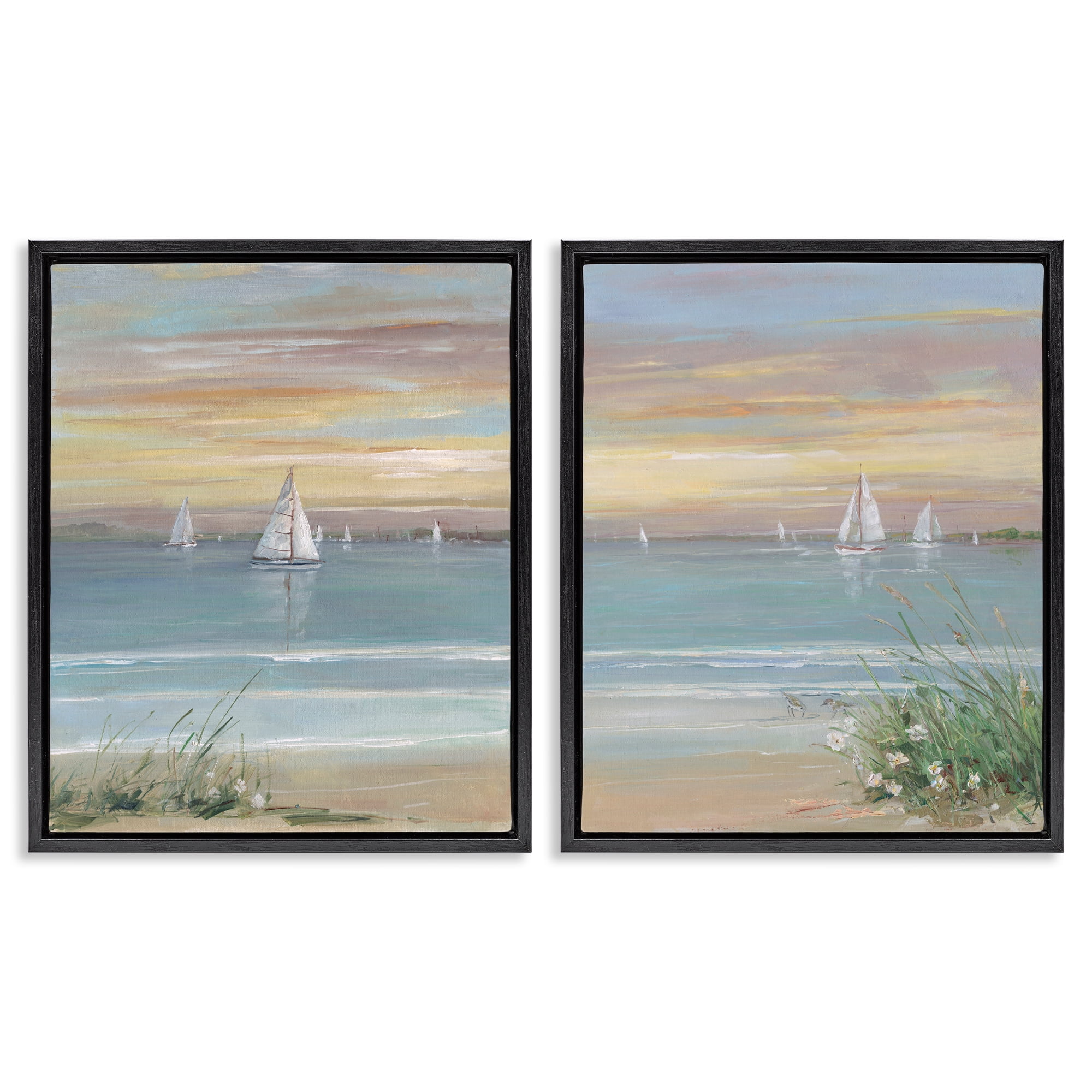 Stupell Industries Summer Shore Panorama 2 Piece Black Framed Floater Canvas Set, design by Sally Swatland