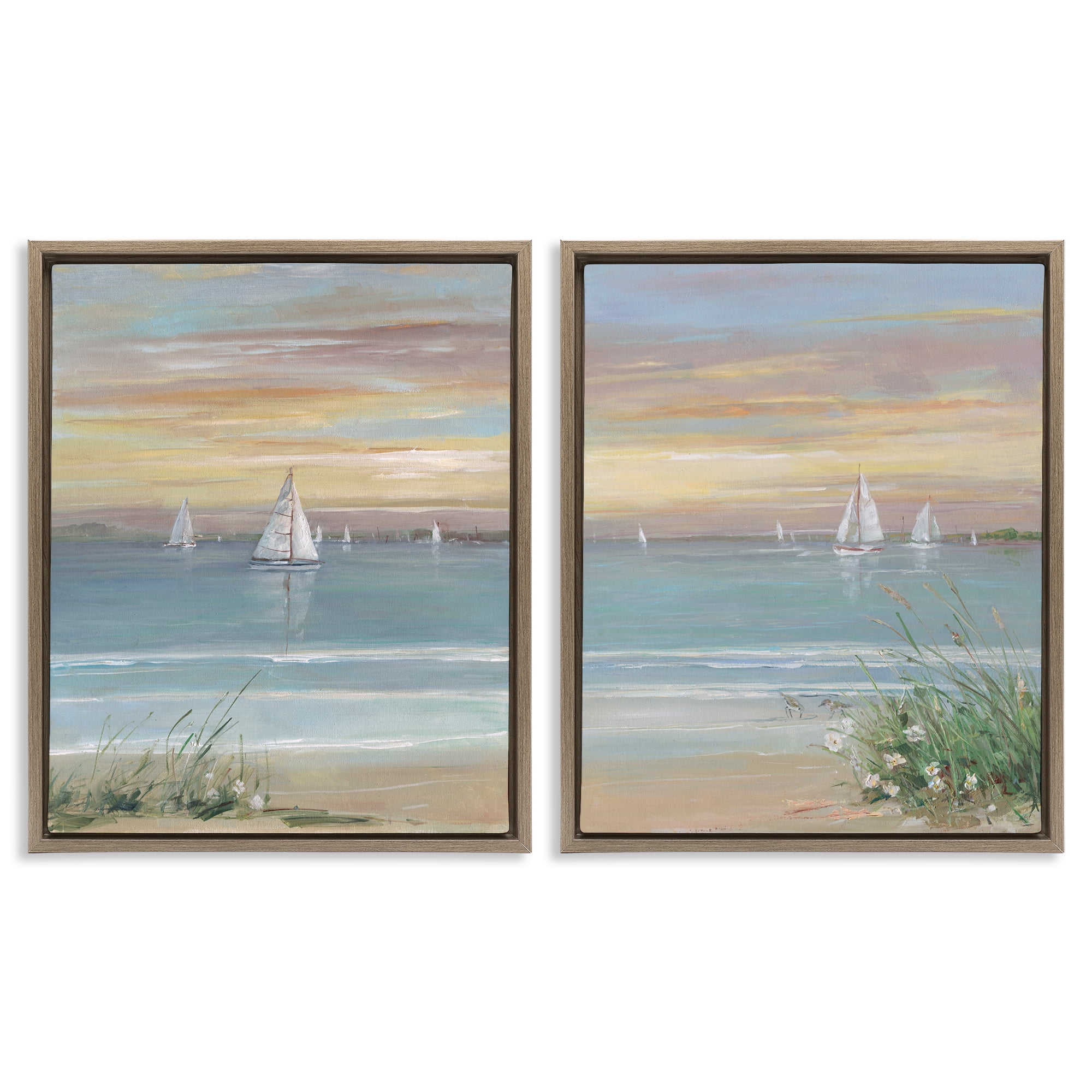 Stupell Industries Summer Shore Panorama 2 Piece Brown Framed Floater Canvas Set, design by Sally Swatland