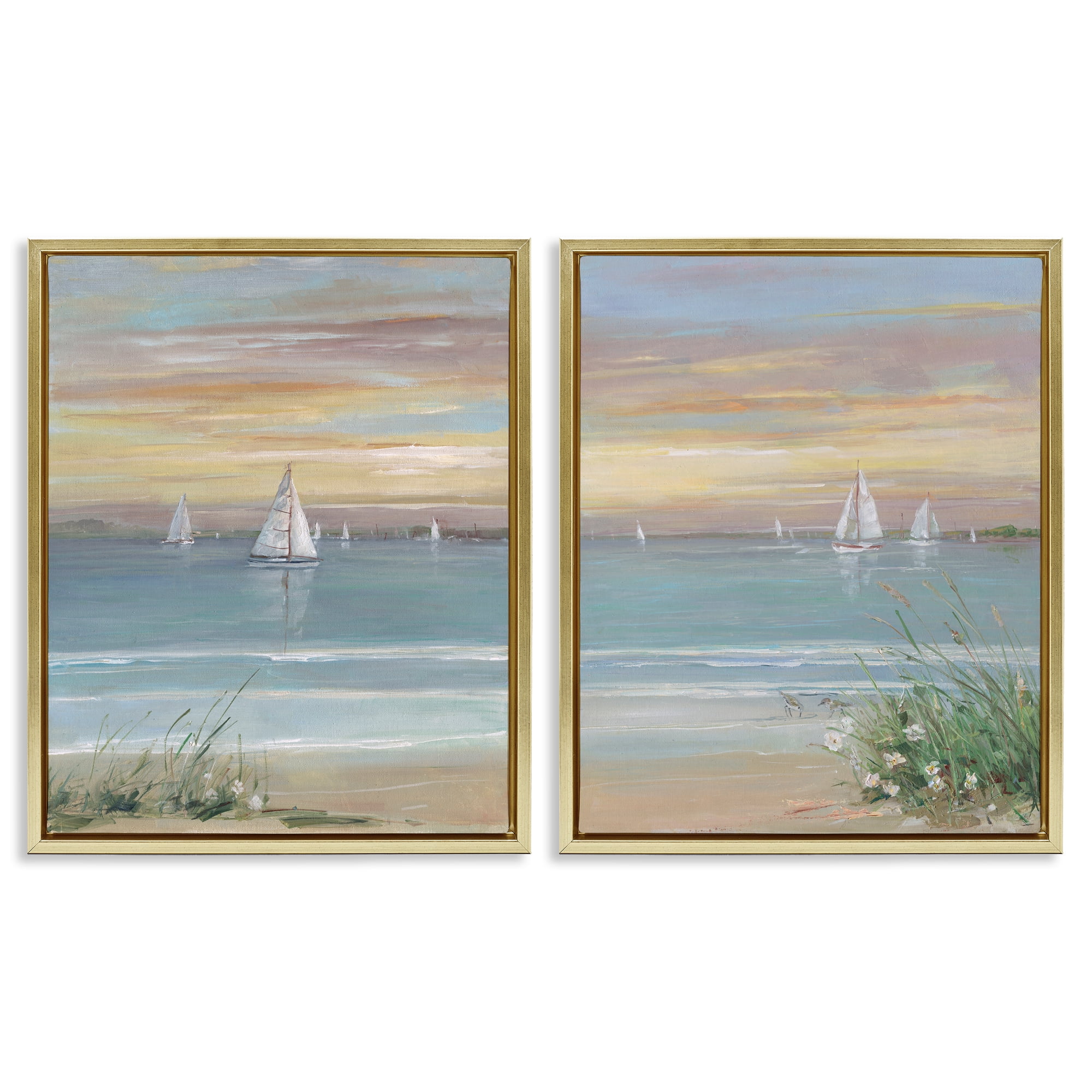 Stupell Industries Summer Shore Panorama 2 Piece Gold Framed Floater Canvas Set, design by Sally Swatland