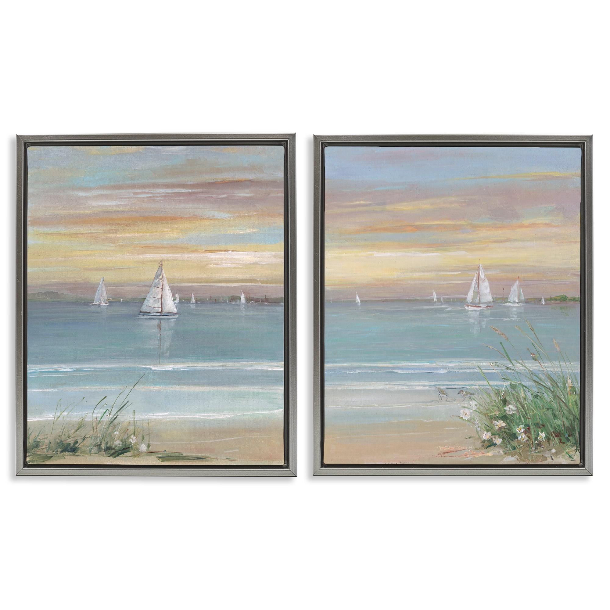 Stupell Industries Summer Shore Panorama 2 Piece Gray Framed Floater Canvas Set, design by Sally Swatland