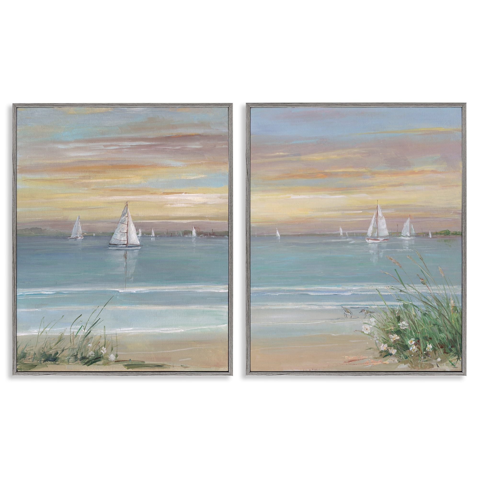 Stupell Industries Summer Shore Panorama 2 Piece Gray Framed Giclee Art Set, design by Sally Swatland