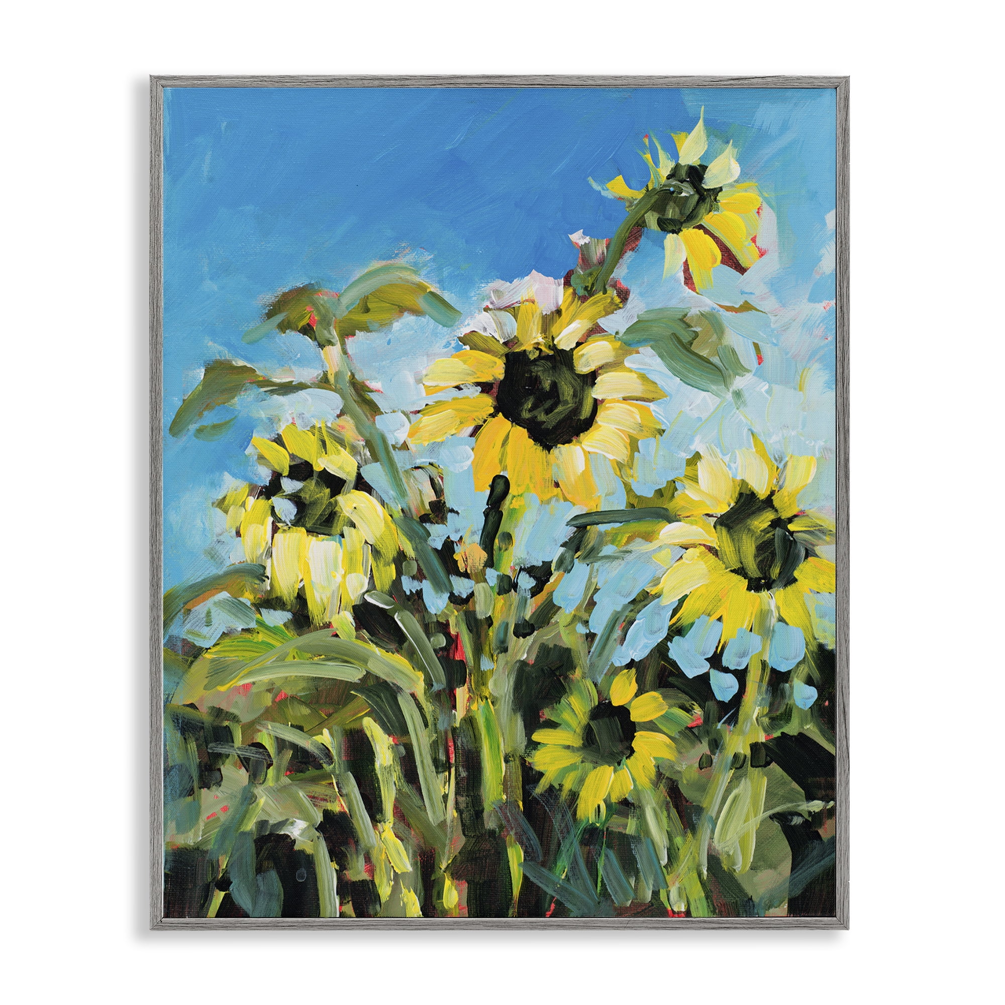 Stupell Industries Summer Sky Sunflower Field Contemporary Farm Florals Floral & Botanical Painting Gray Framed Art Print Wall Art, 30 x 24