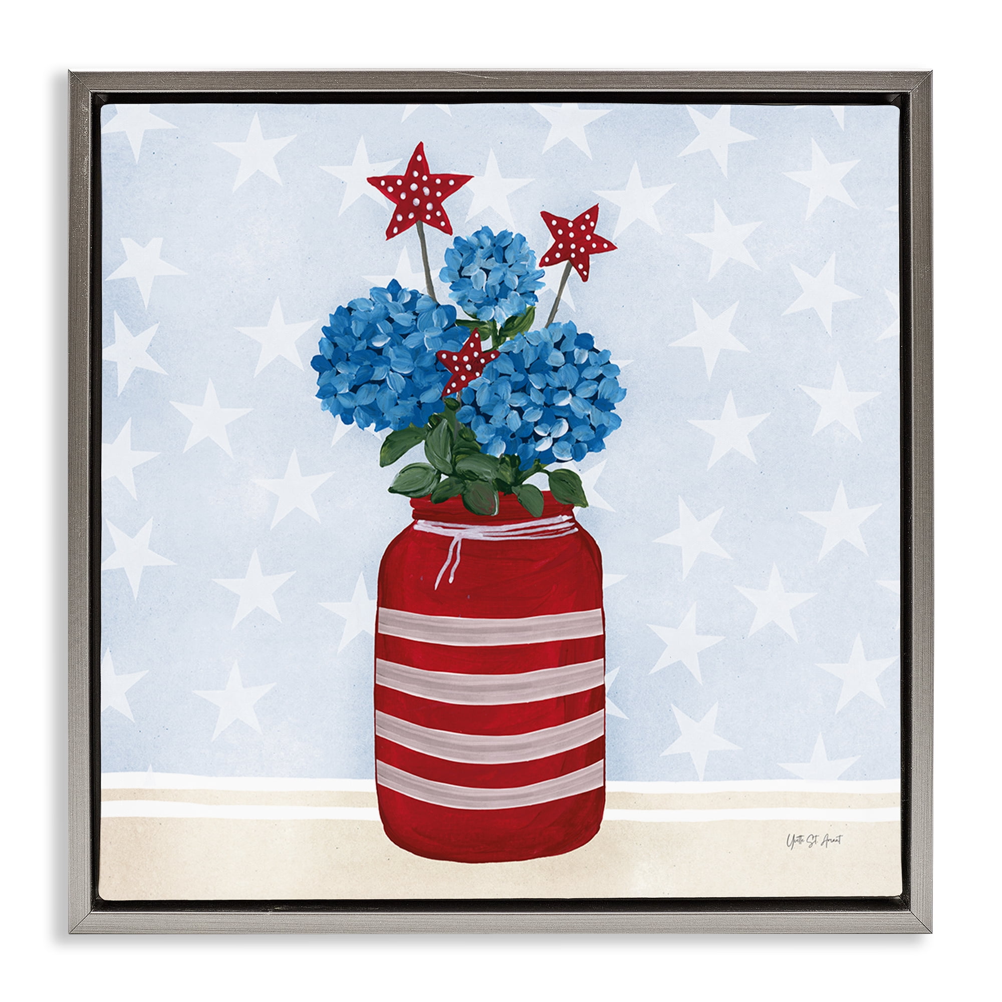Stupell Industries Summer Stars Bouquet Patriotic Painting Gray Floater Framed Canvas Art Print Wall Art, 18 x 18