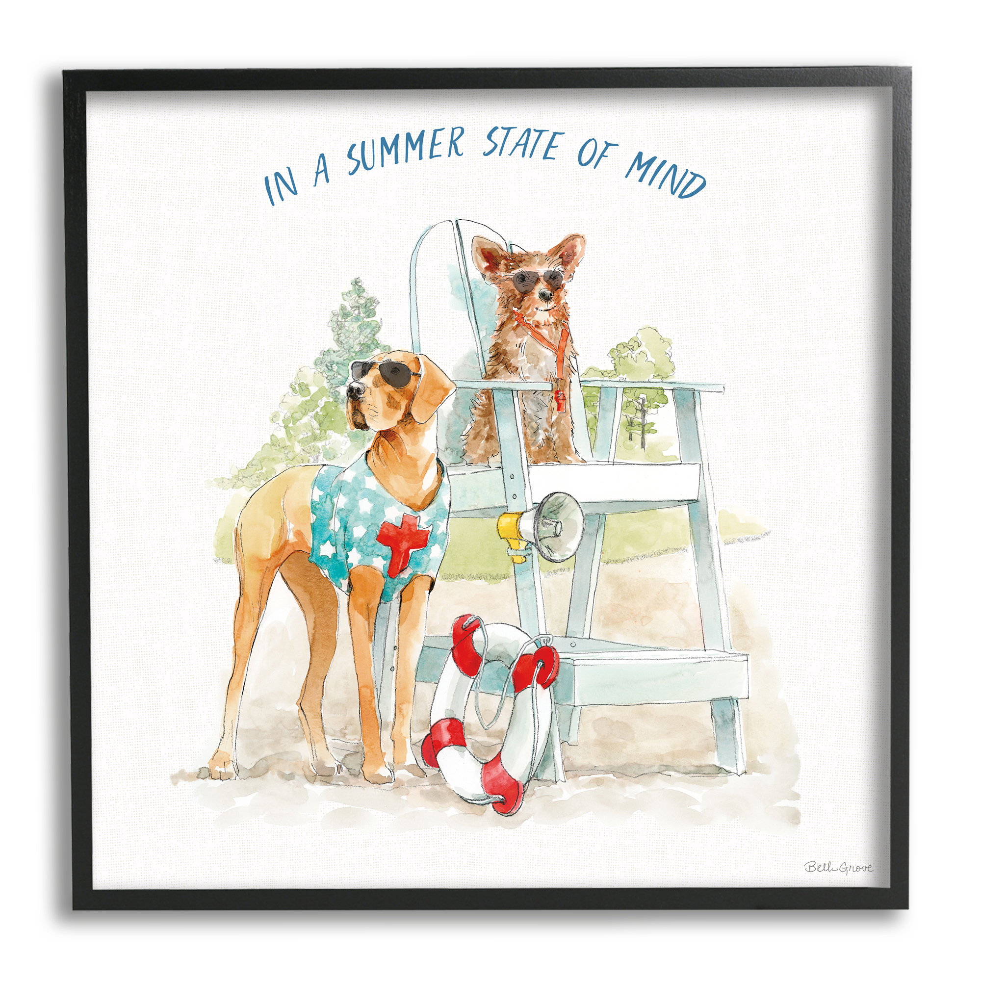 Stupell Industries Summer State of Mind Phrase Summer Lifeguard Dogs, 12 x 12,Design by Beth Grove