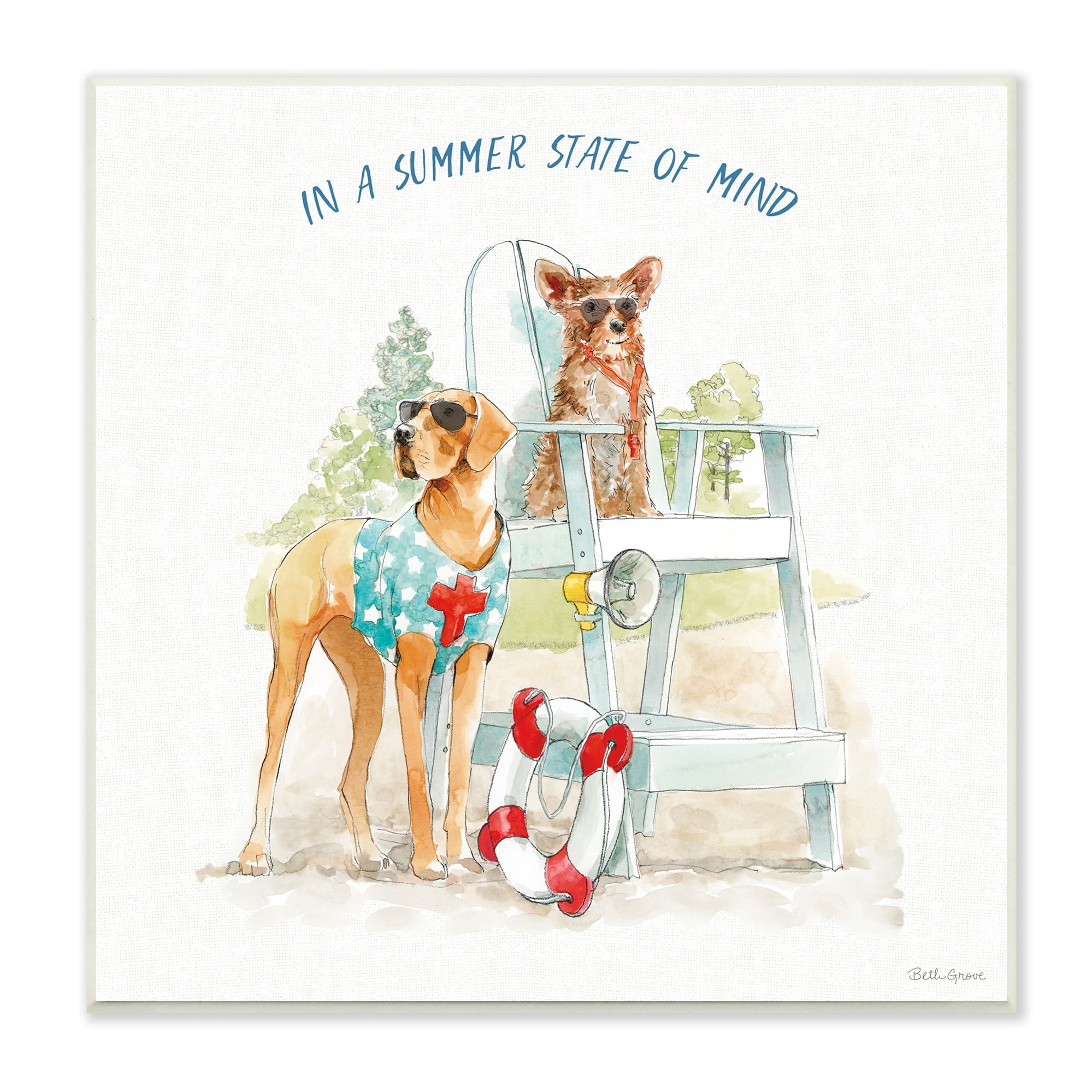 Stupell Industries Summer State of Mind Phrase Summer Lifeguard Dogs, 12 x 12,Design by Beth Grove