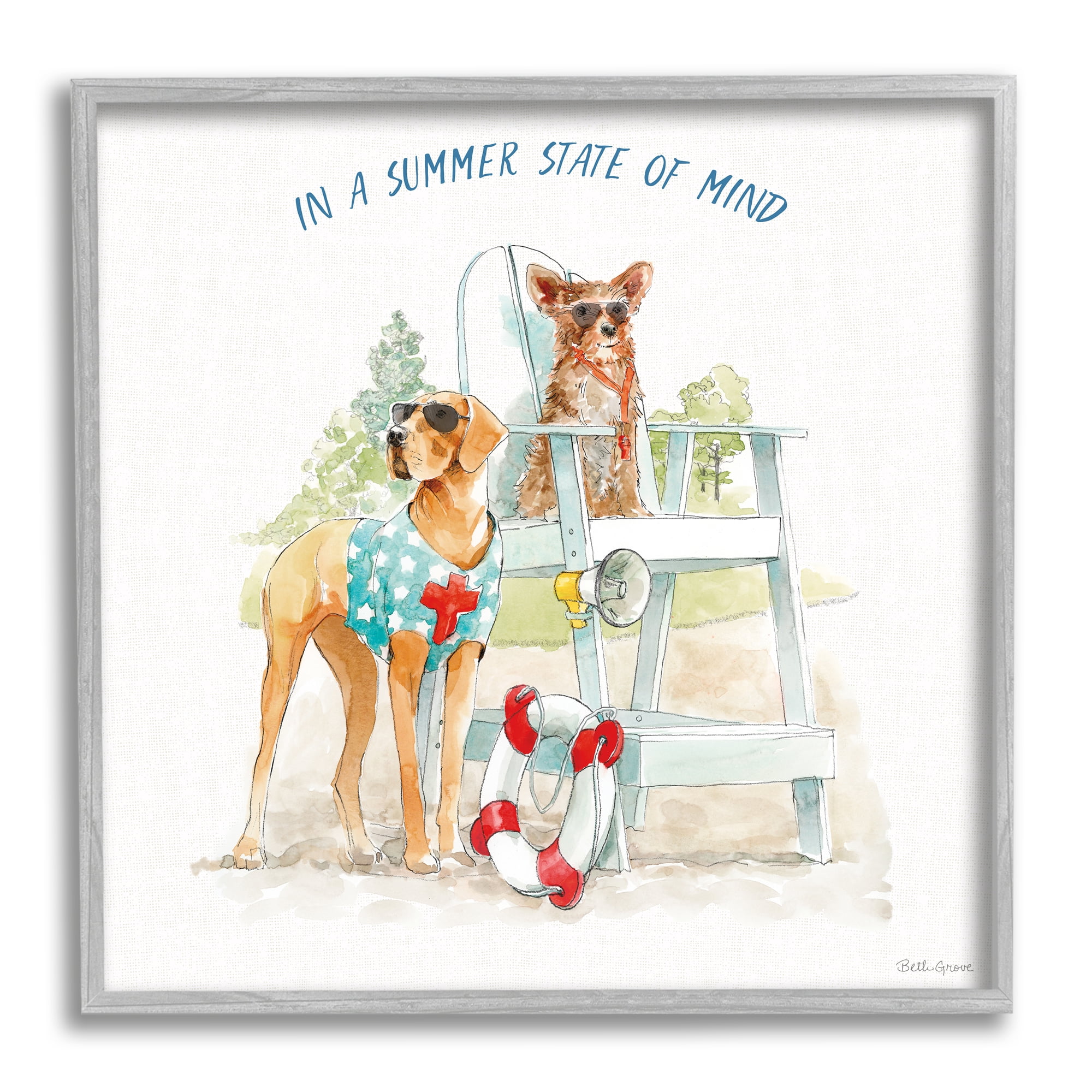 Stupell Industries Summer State of Mind Phrase Summer Lifeguard Dogs, 17 x 17,Design by Beth Grove