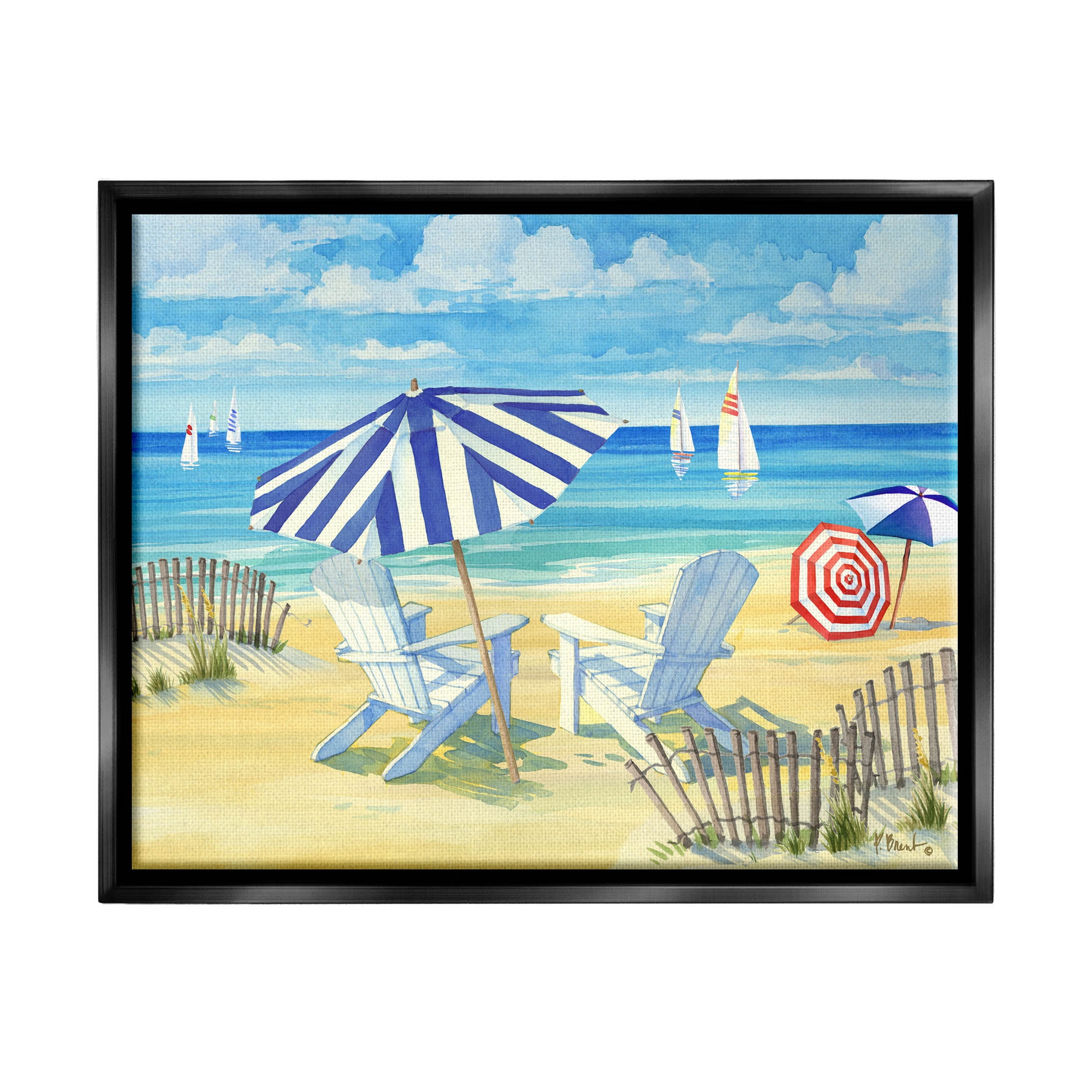 Stupell Industries Summer Sun Sailboat Chairs Painting Jet Black Floating Framed Canvas Print Wall Art, Design by Paul Brent