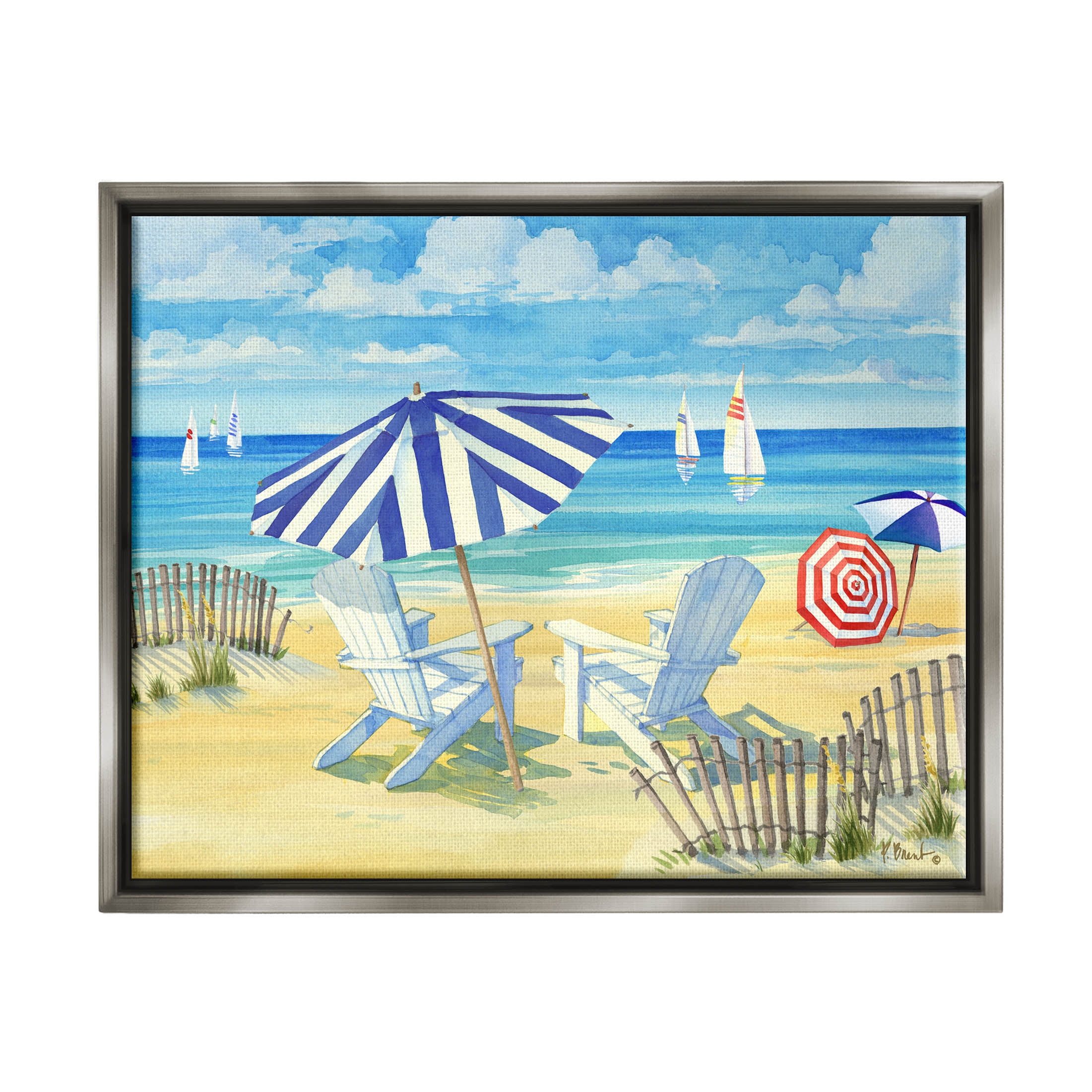 Stupell Industries Summer Sun Sailboat Chairs Painting Luster Gray Floating Framed Canvas Print Wall Art, Design by Paul Brent