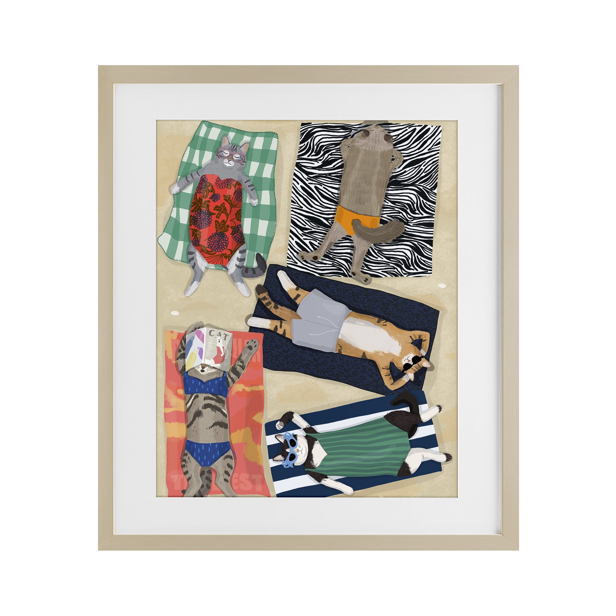 Stupell Industries Summer Sunbathing Cats Birch Framed Print Under Glass, design by Hanna Melin