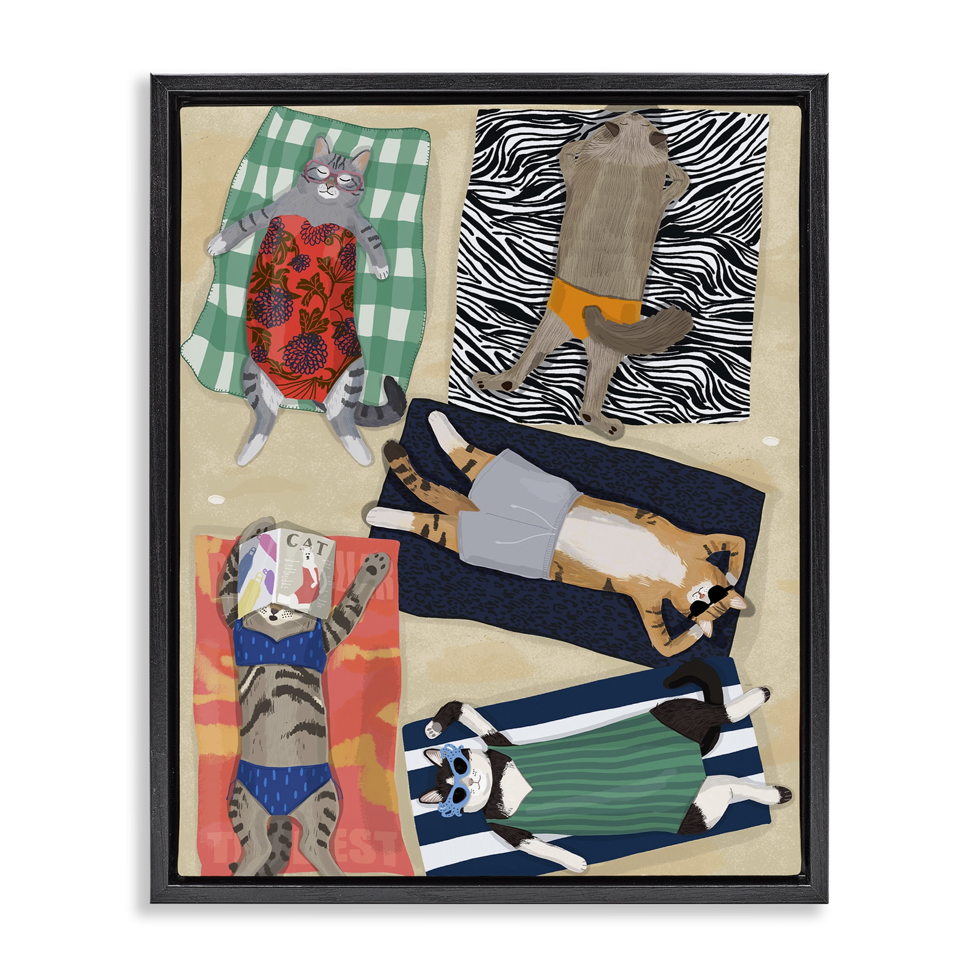 Stupell Industries Summer Sunbathing Cats Black Framed Floater Canvas Wall Art, design by Hanna Melin