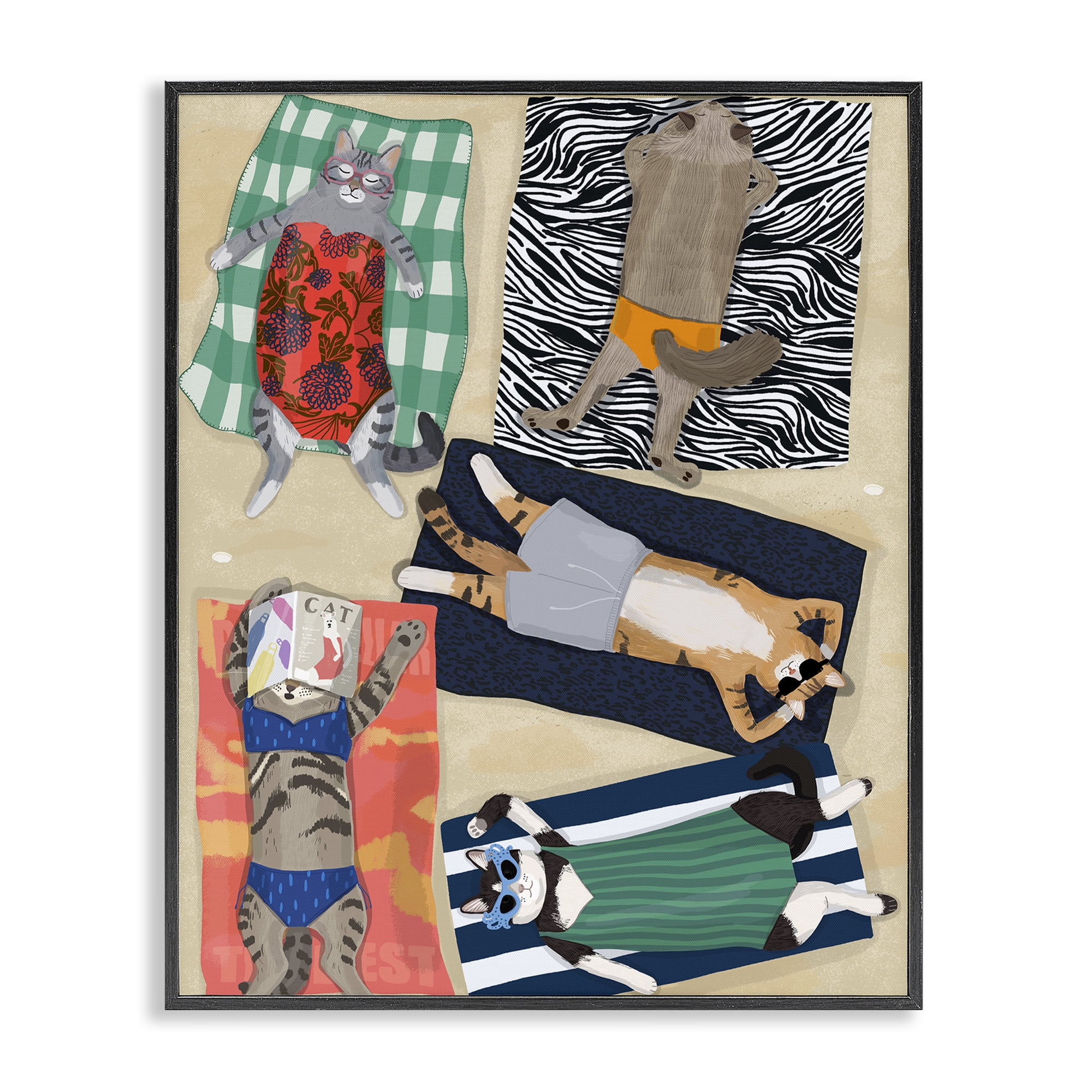 Stupell Industries Summer Sunbathing Cats Black Framed Giclee Art, design by Hanna Melin
