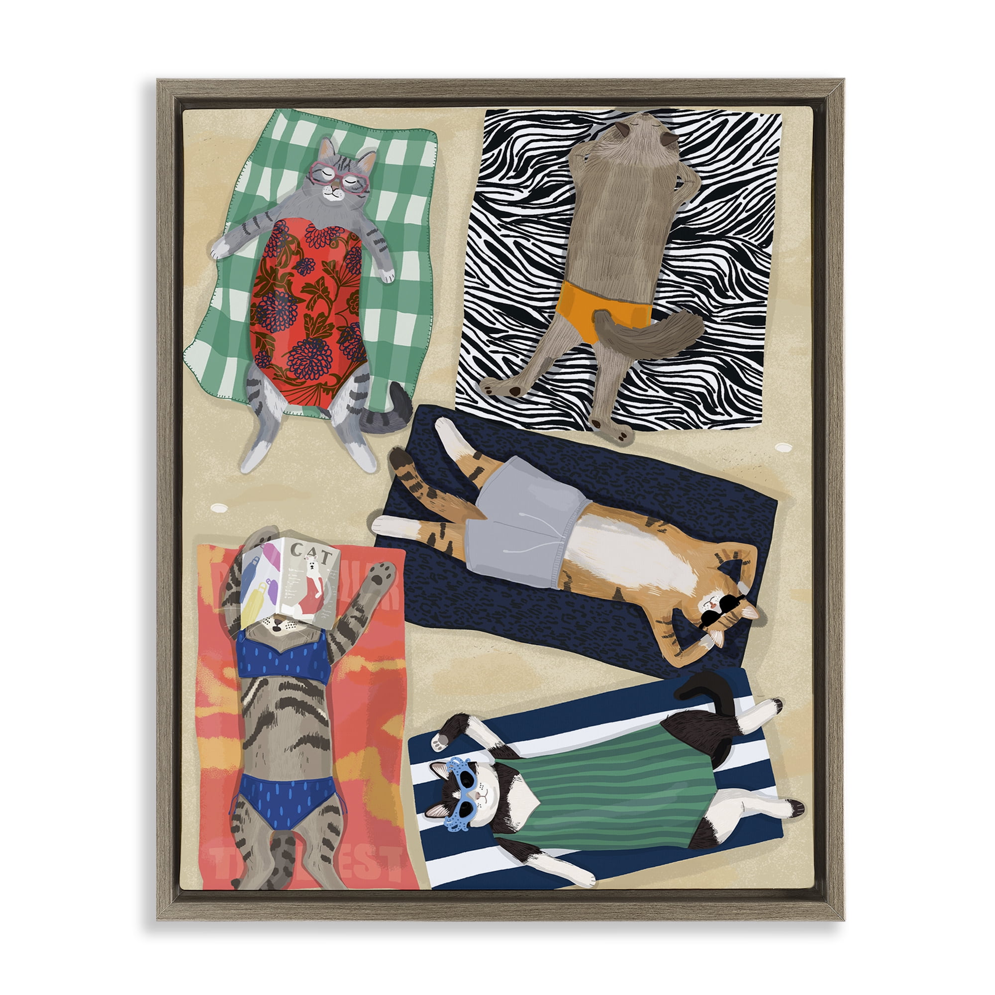 Stupell Industries Summer Sunbathing Cats Brown Framed Floater Canvas Wall Art, design by Hanna Melin