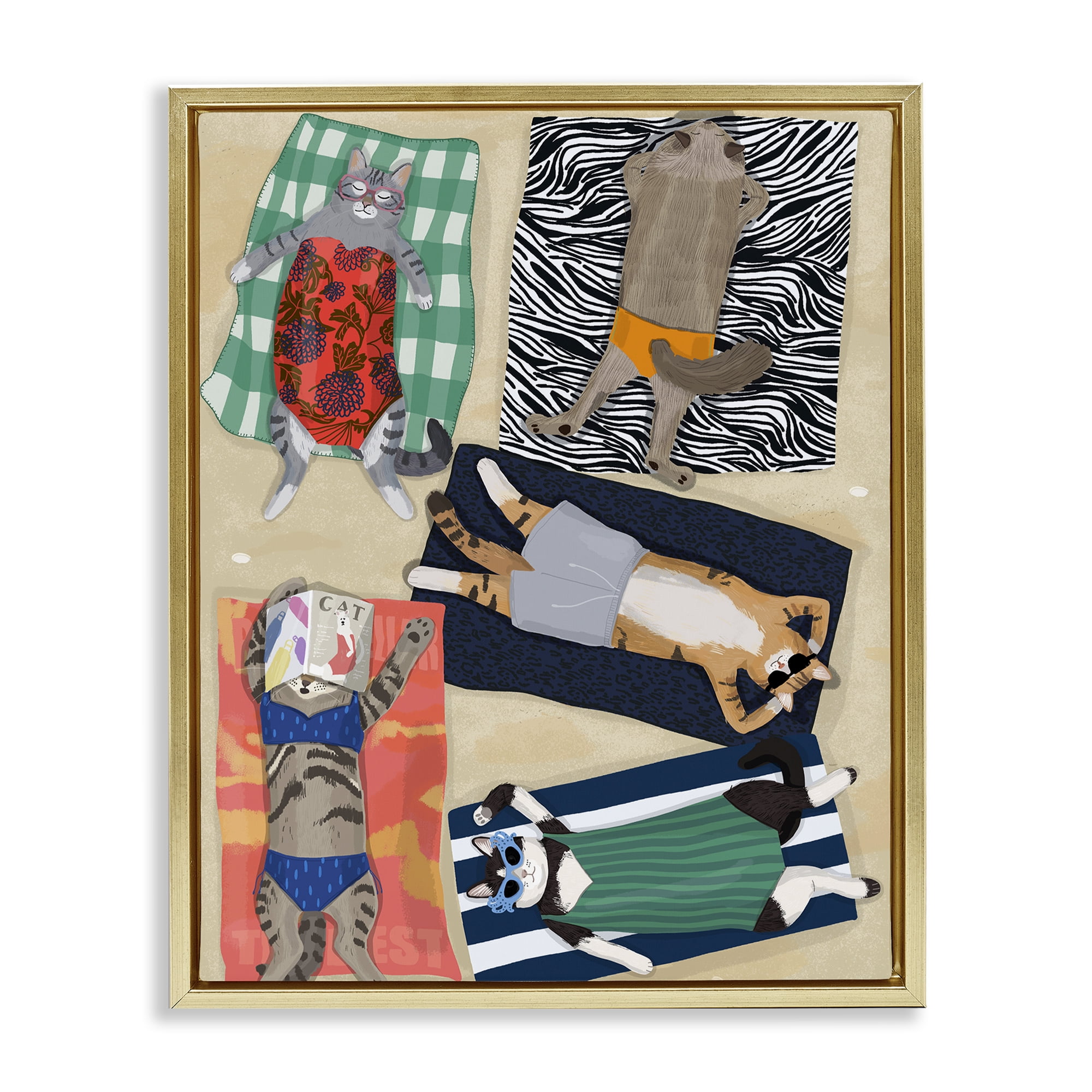 Stupell Industries Summer Sunbathing Cats Gold Framed Floater Canvas Wall Art, design by Hanna Melin