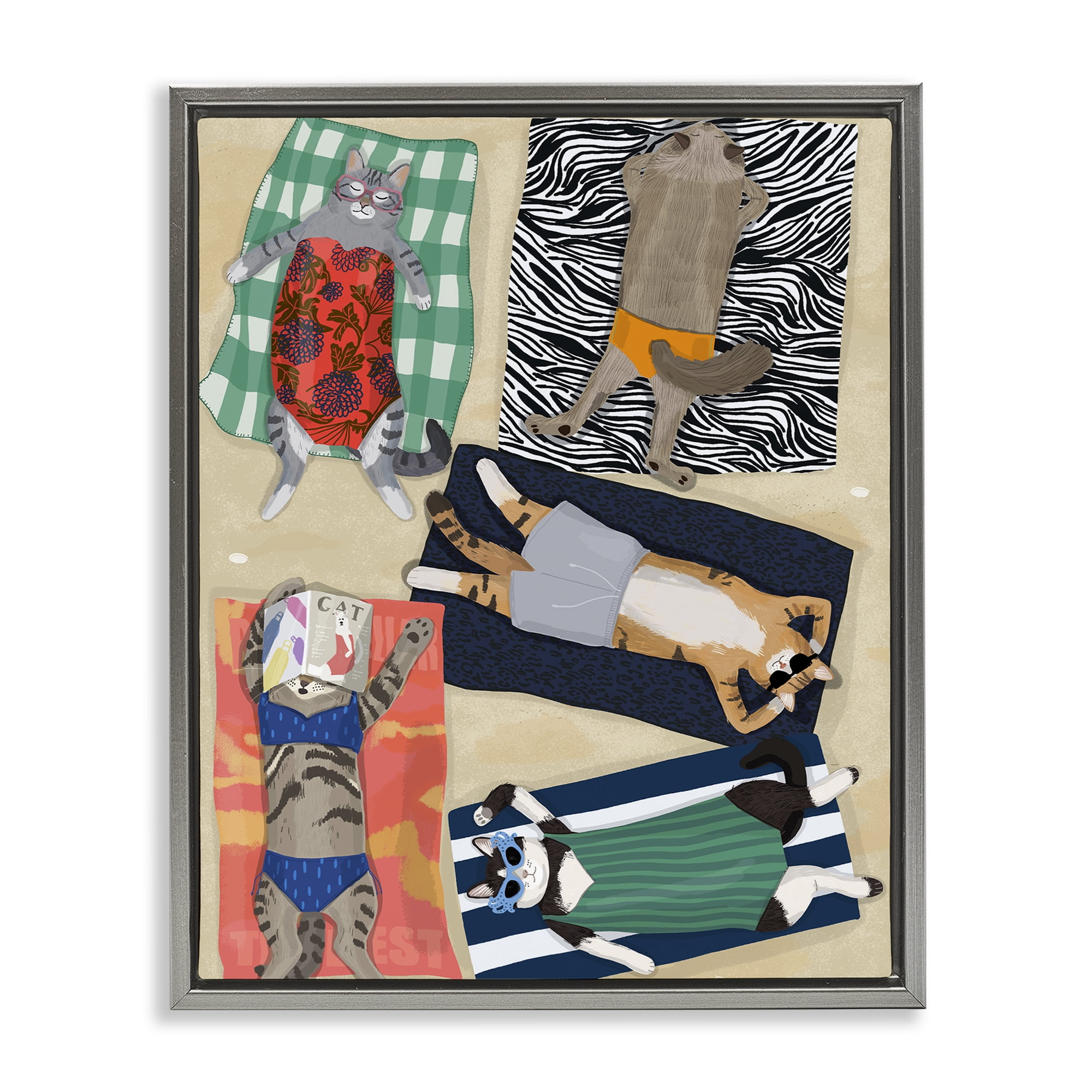 Stupell Industries Summer Sunbathing Cats Gray Framed Floater Canvas Wall Art, design by Hanna Melin