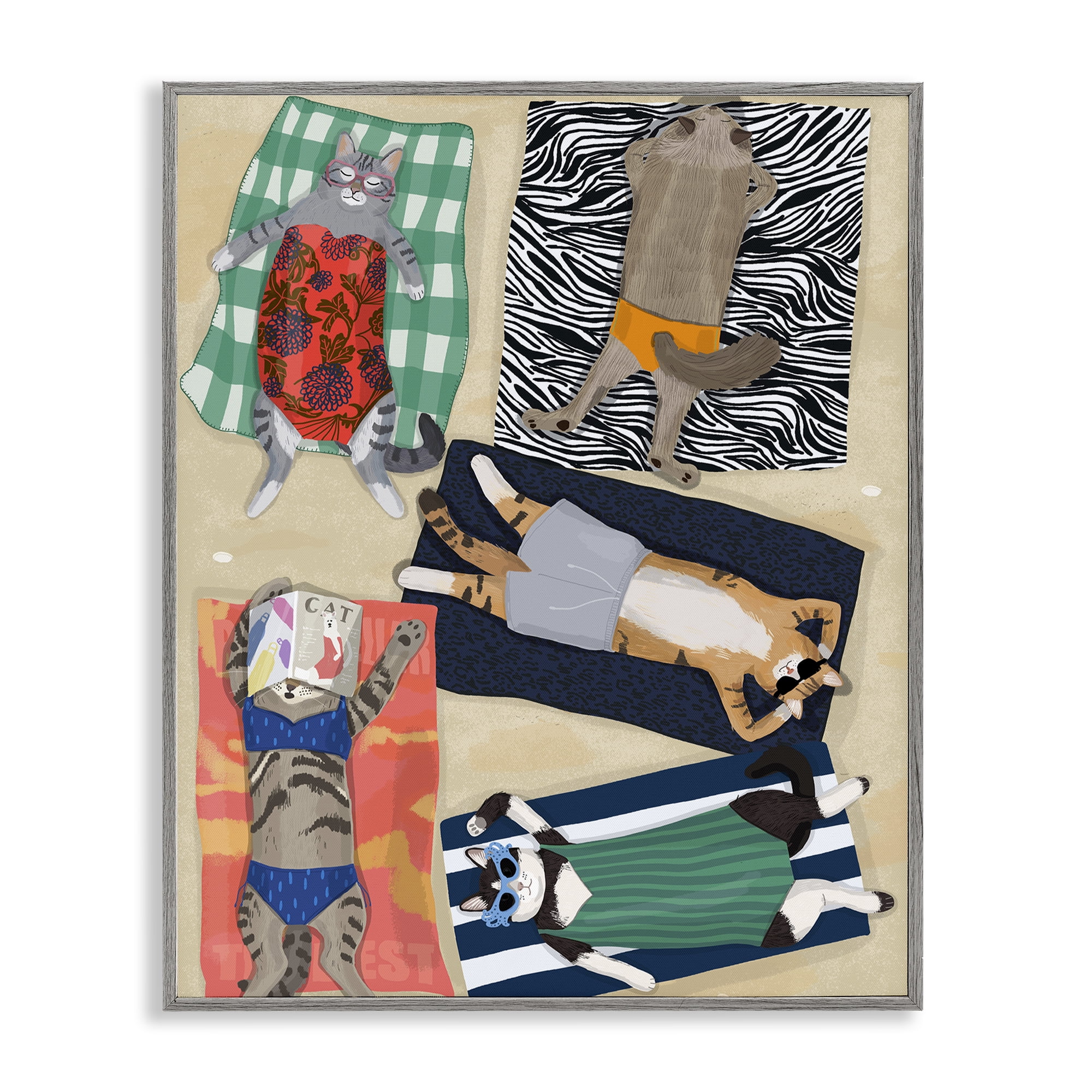 Stupell Industries Summer Sunbathing Cats Gray Framed Giclee Art, design by Hanna Melin