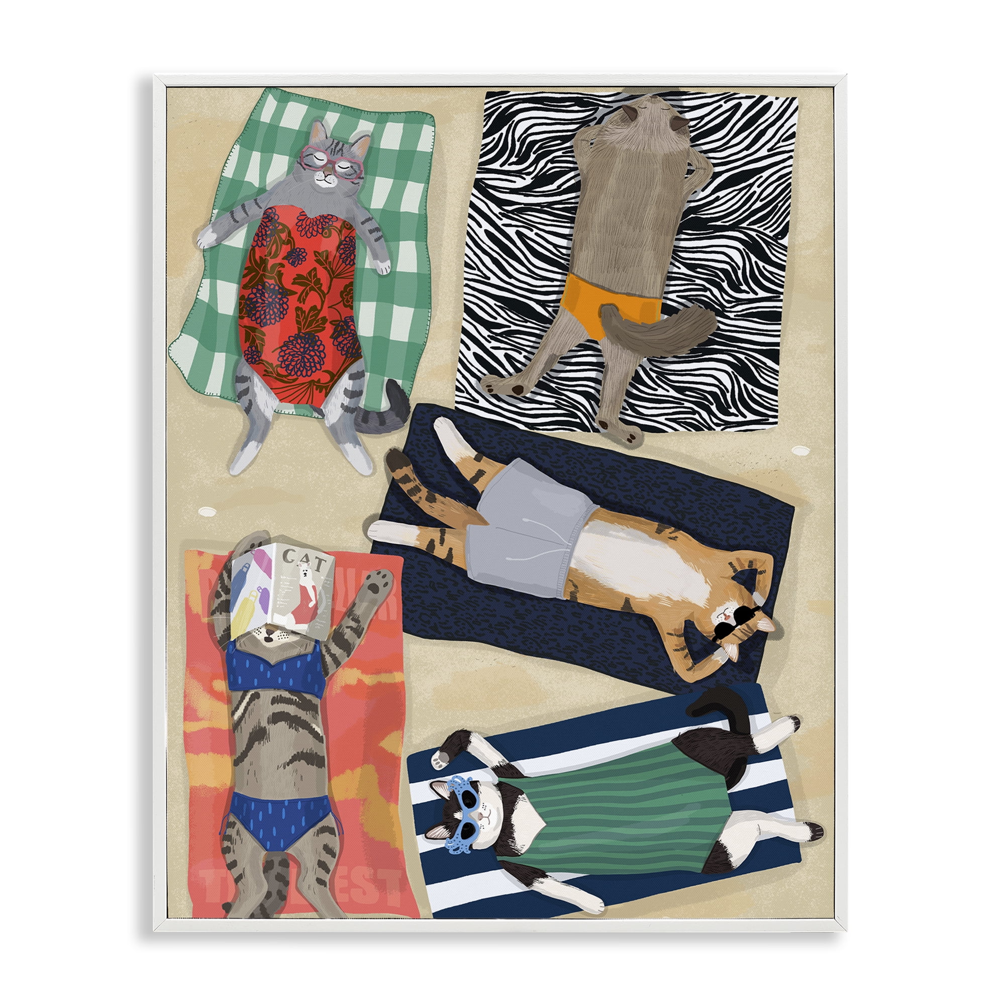 Stupell Industries Summer Sunbathing Cats White Framed Giclee Art, design by Hanna Melin