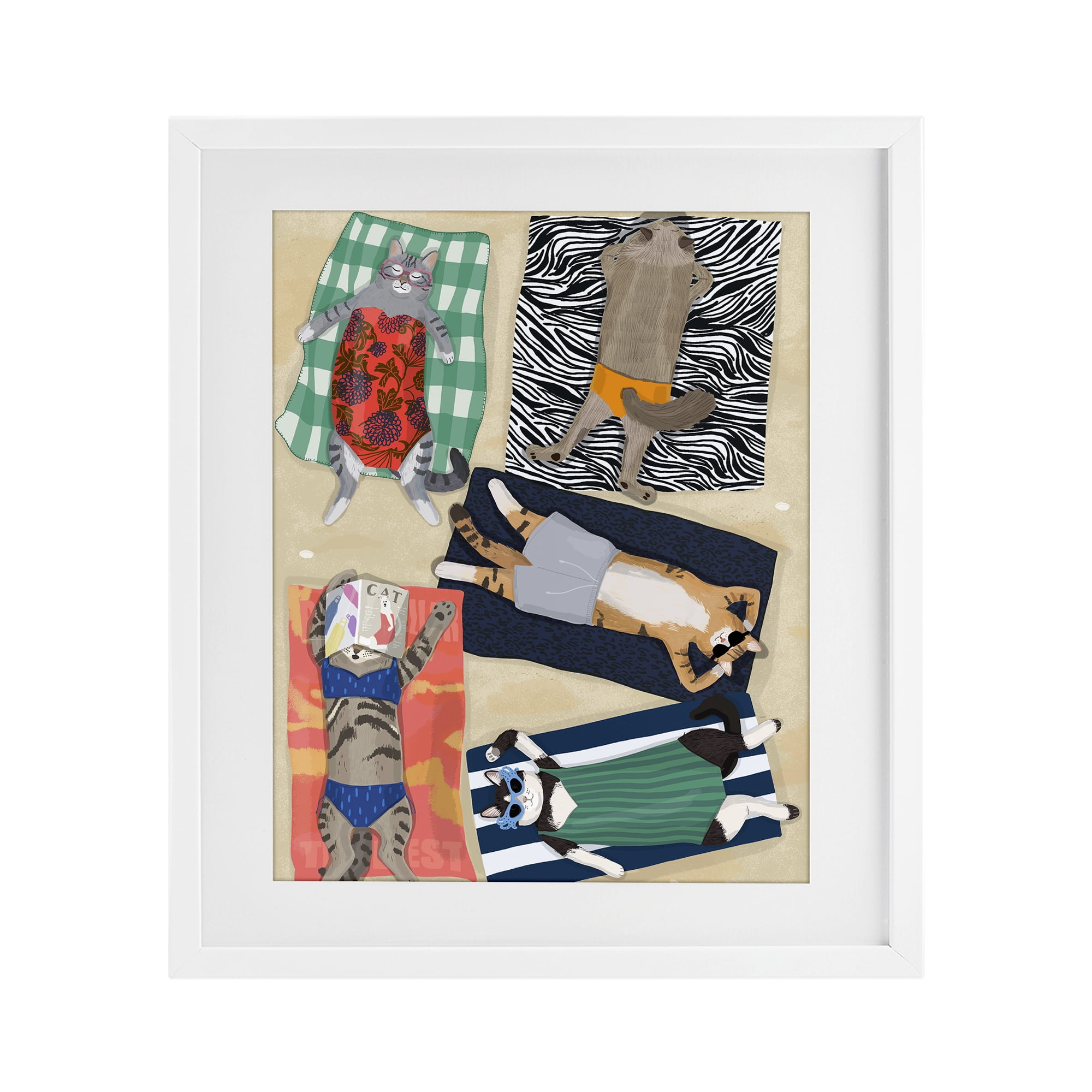 Stupell Industries Summer Sunbathing Cats White Framed Print Under Glass, design by Hanna Melin