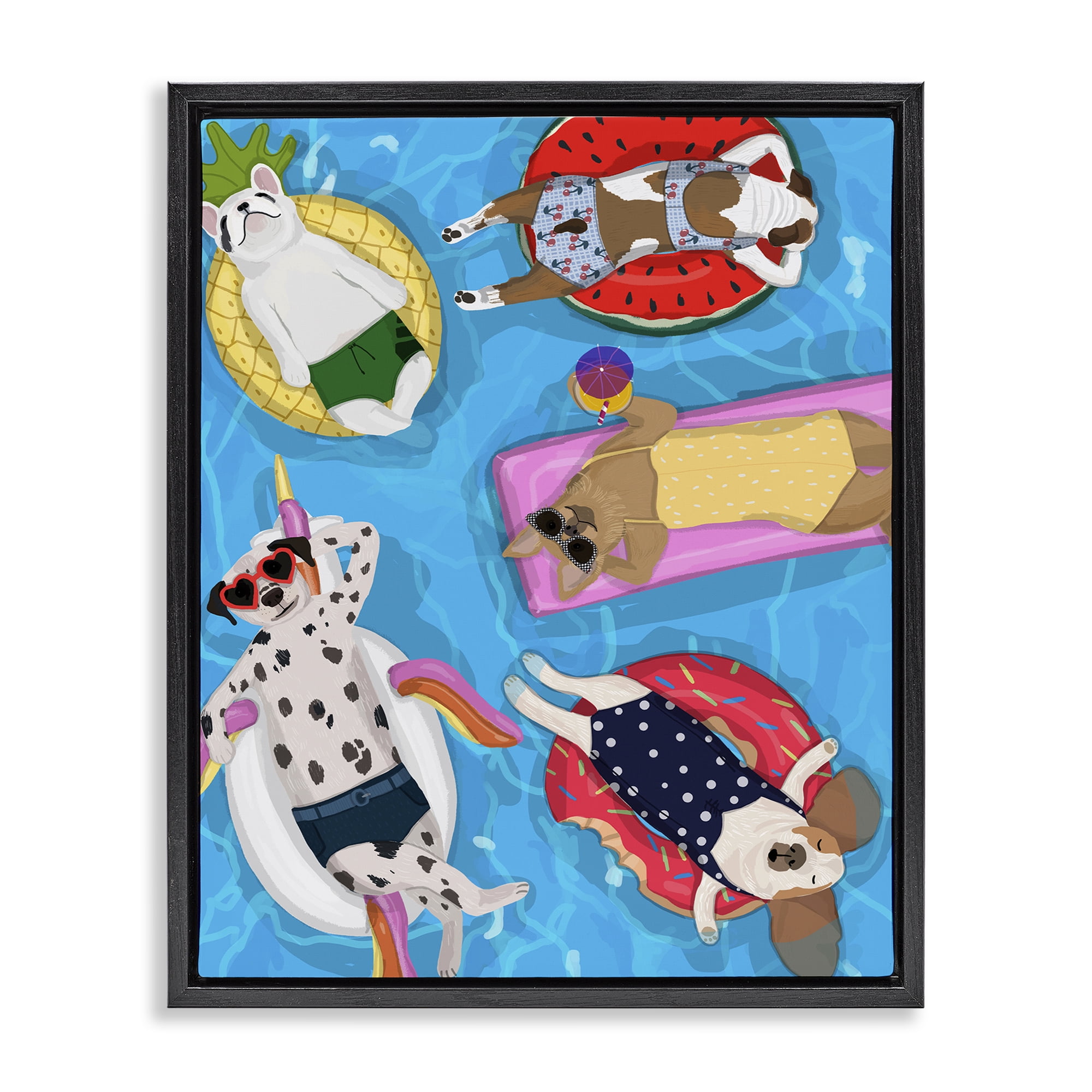 Stupell Industries Summer Sunbathing Dogs Black Framed Floater Canvas Wall Art, design by Hanna Melin