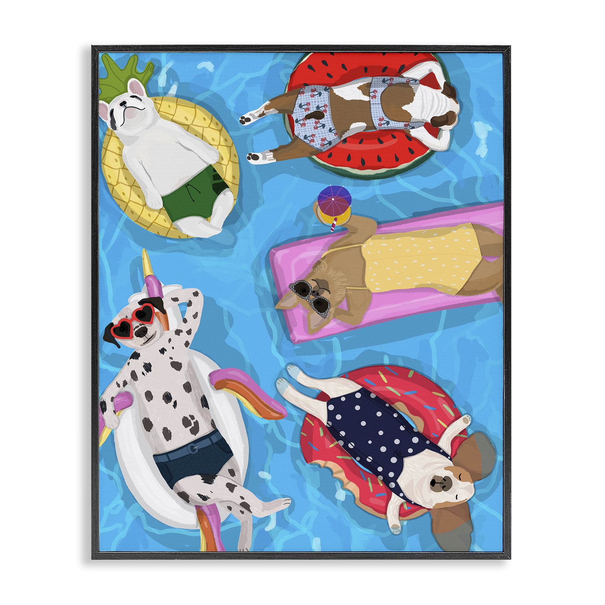 Stupell Industries Summer Sunbathing Dogs Black Framed Giclee Art, design by Hanna Melin