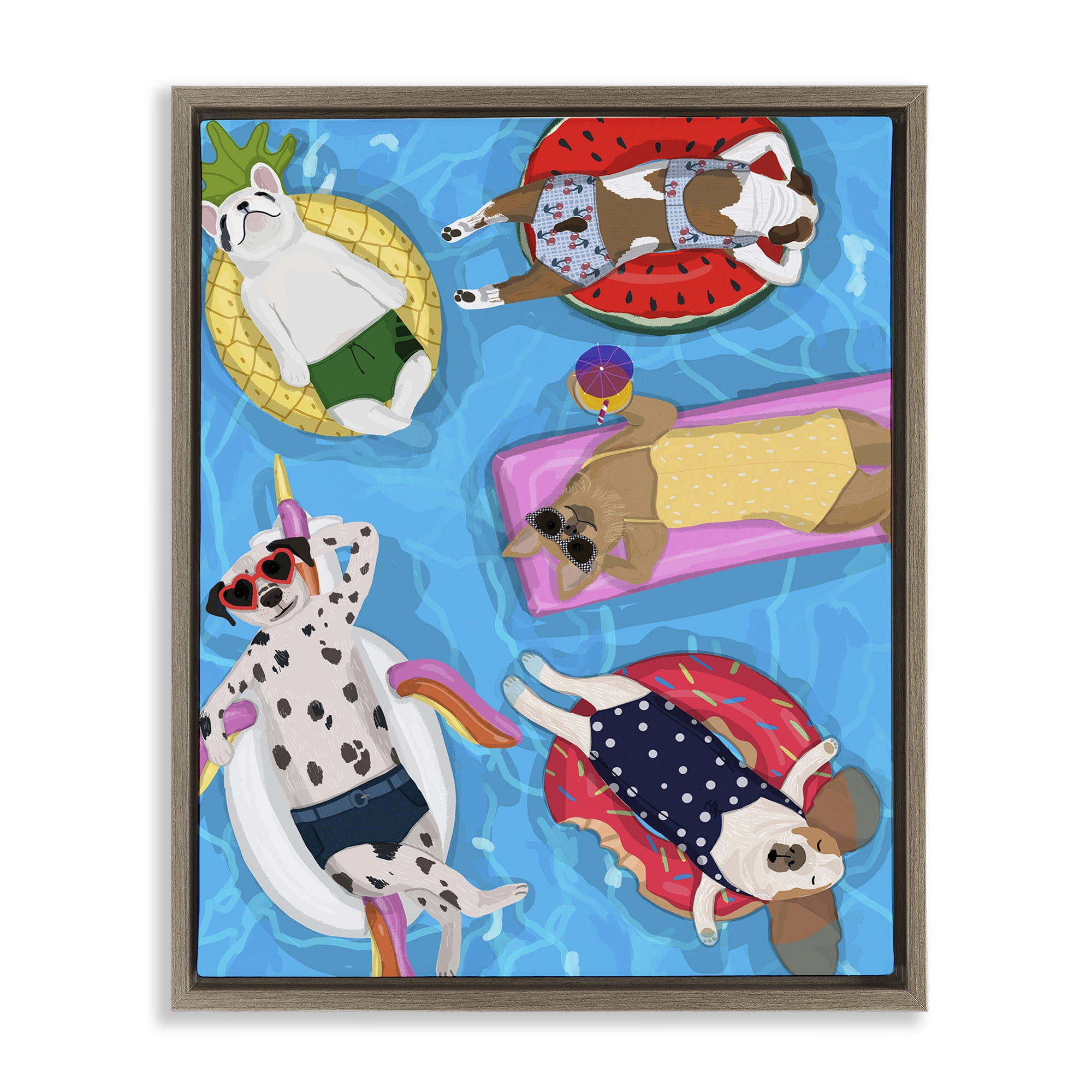 Stupell Industries Summer Sunbathing Dogs Brown Framed Floater Canvas Wall Art, design by Hanna Melin