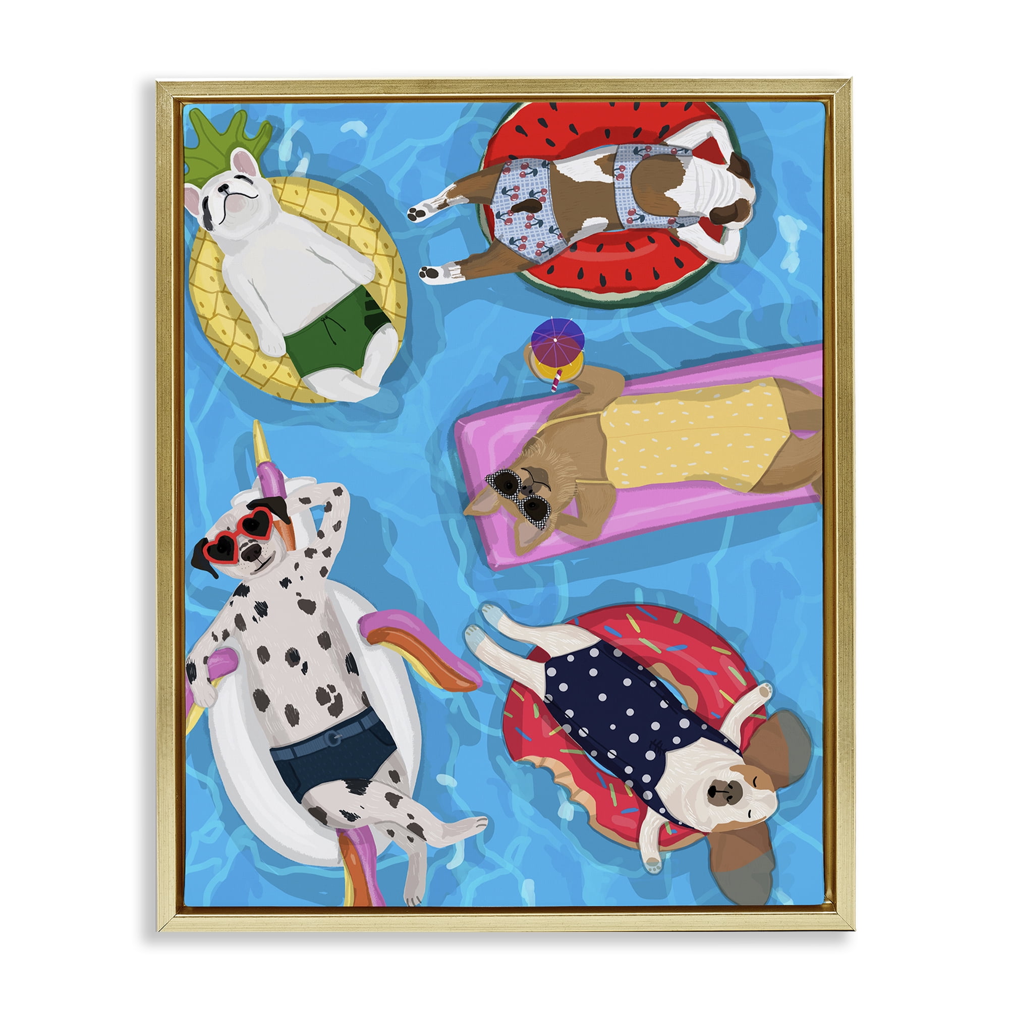 Stupell Industries Summer Sunbathing Dogs Gold Framed Floater Canvas Wall Art, design by Hanna Melin