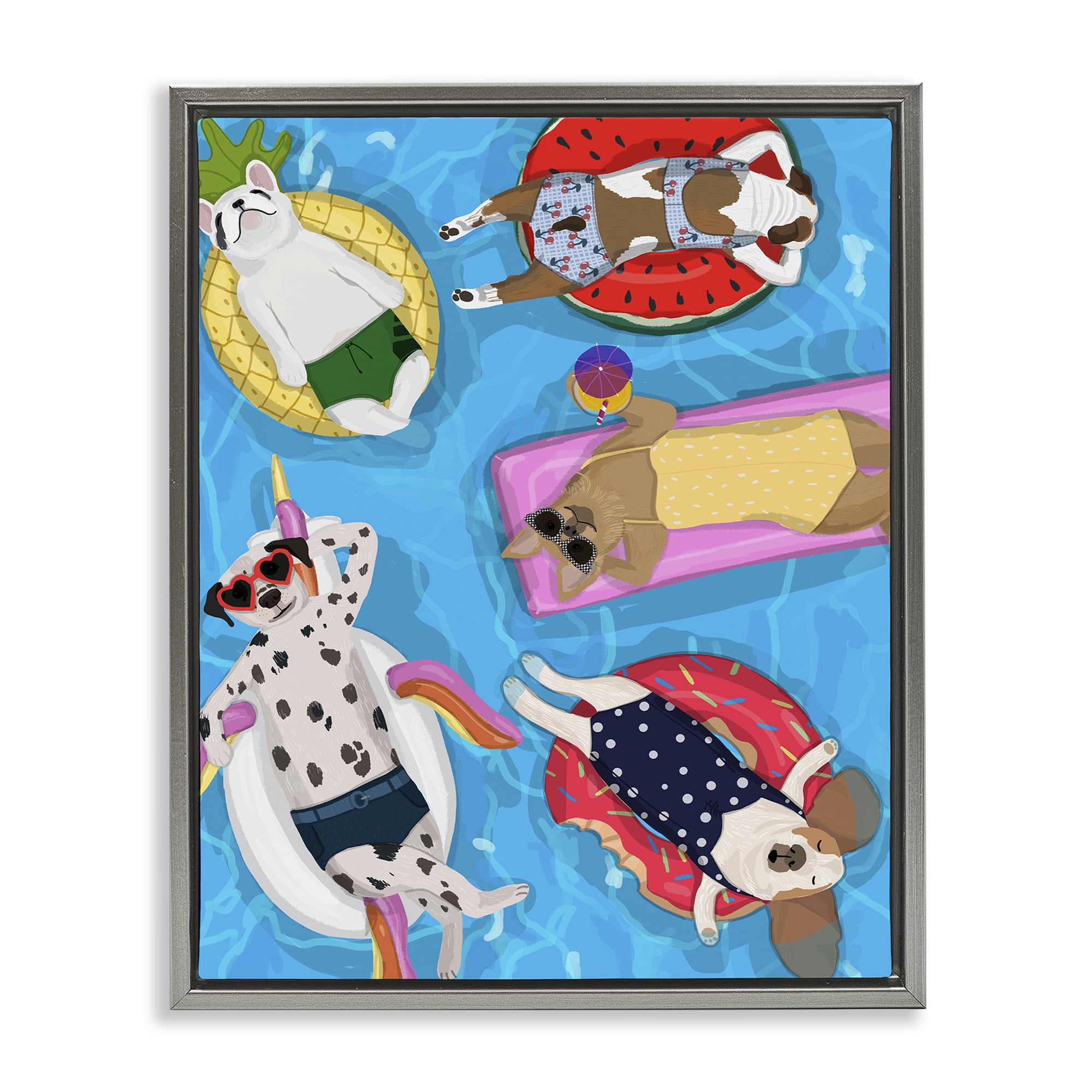 Stupell Industries Summer Sunbathing Dogs Gray Framed Floater Canvas Wall Art, design by Hanna Melin