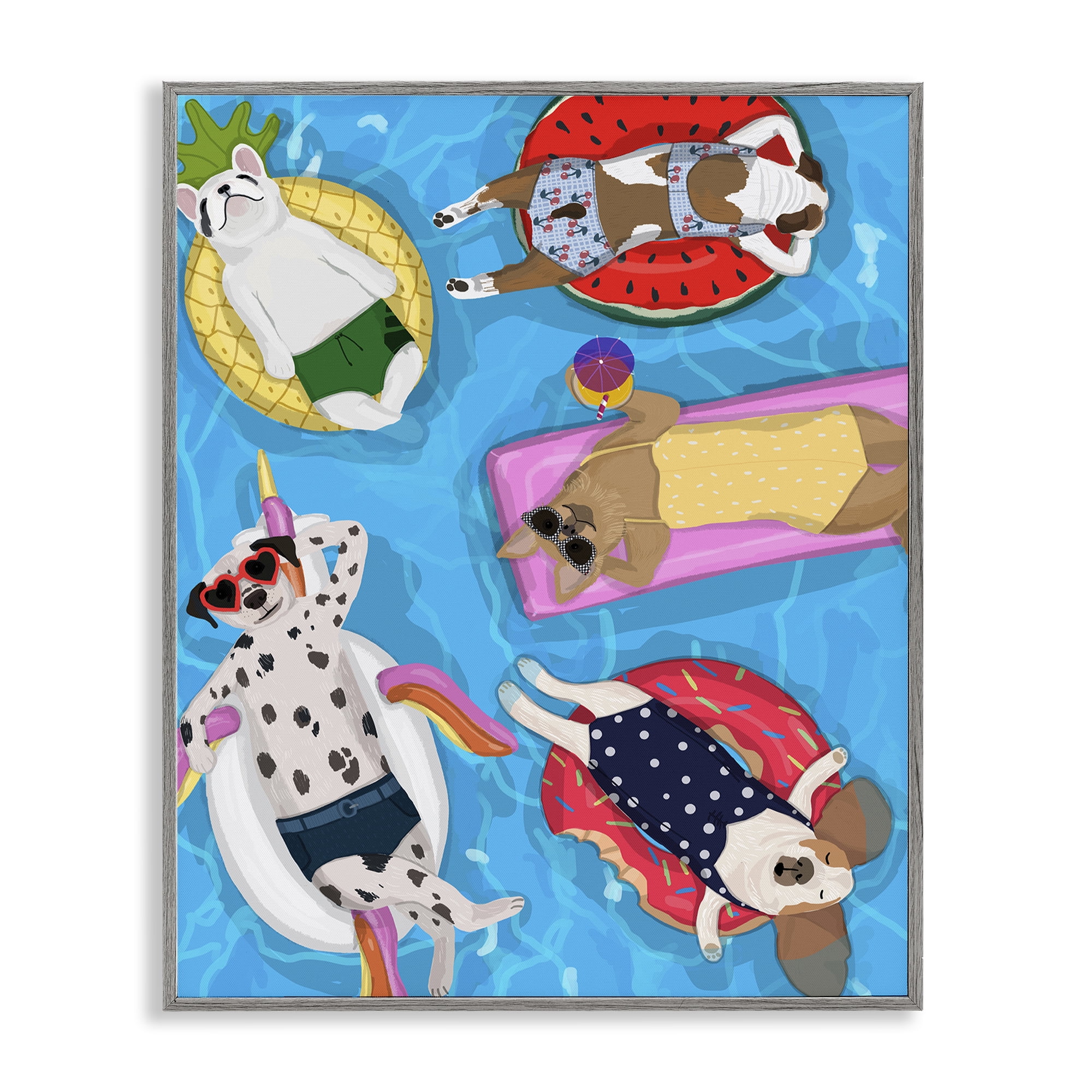 Stupell Industries Summer Sunbathing Dogs Gray Framed Giclee Art, design by Hanna Melin