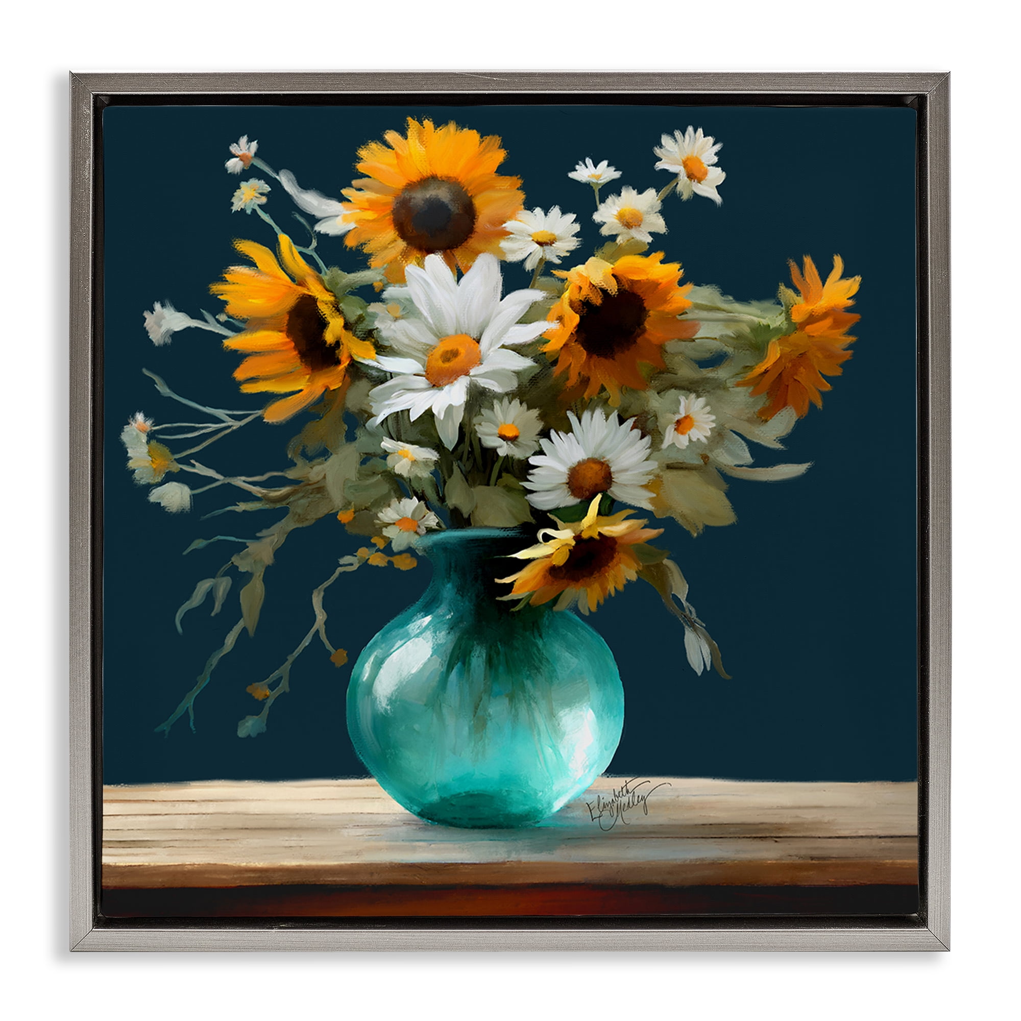 Stupell Industries Summer Sunflower Bouquet Botanical & Floral Painting Gray Floater Framed Art Print Wall Art, 18 x 18