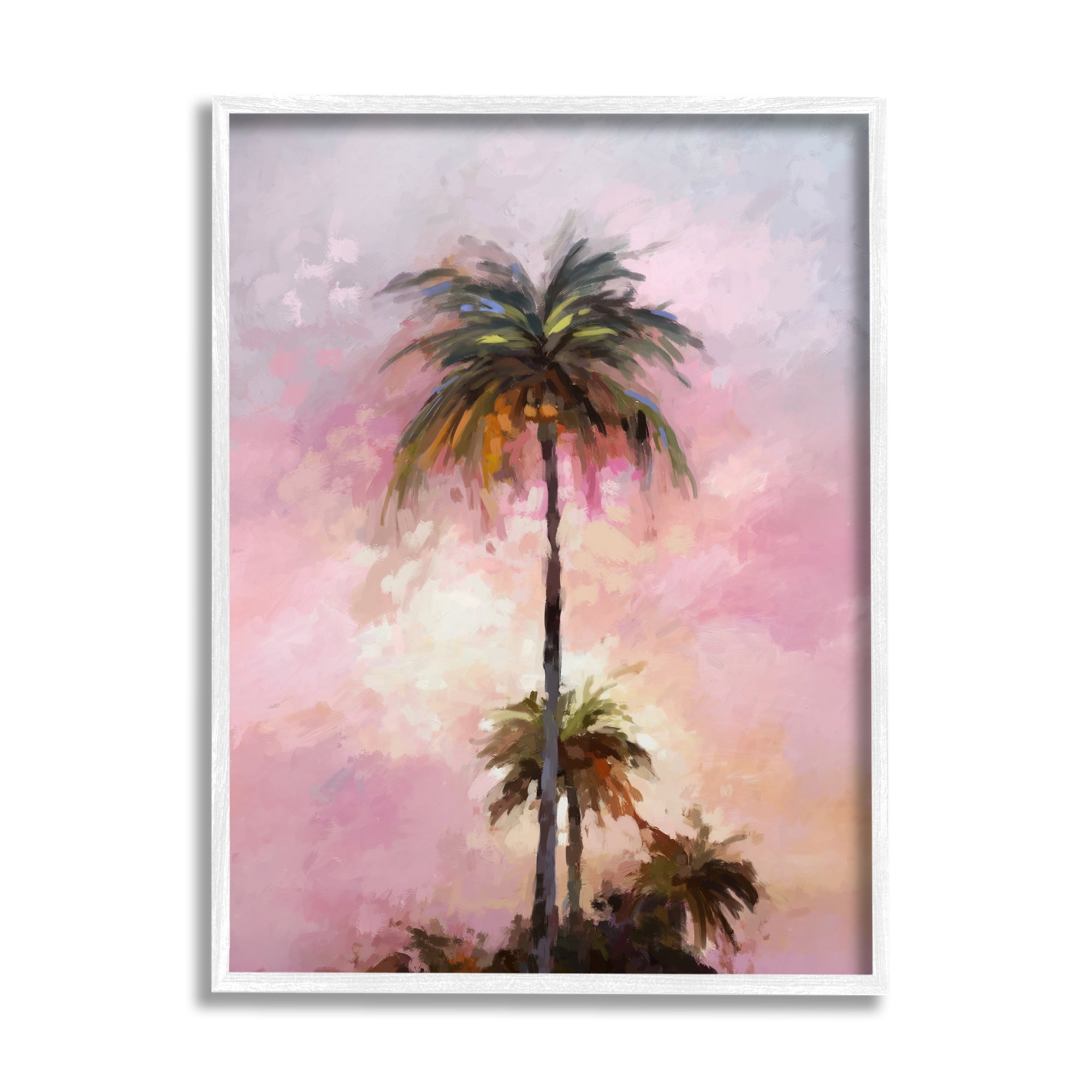 Summer Sunset Palms Landscape Print on Canvas with White Frame