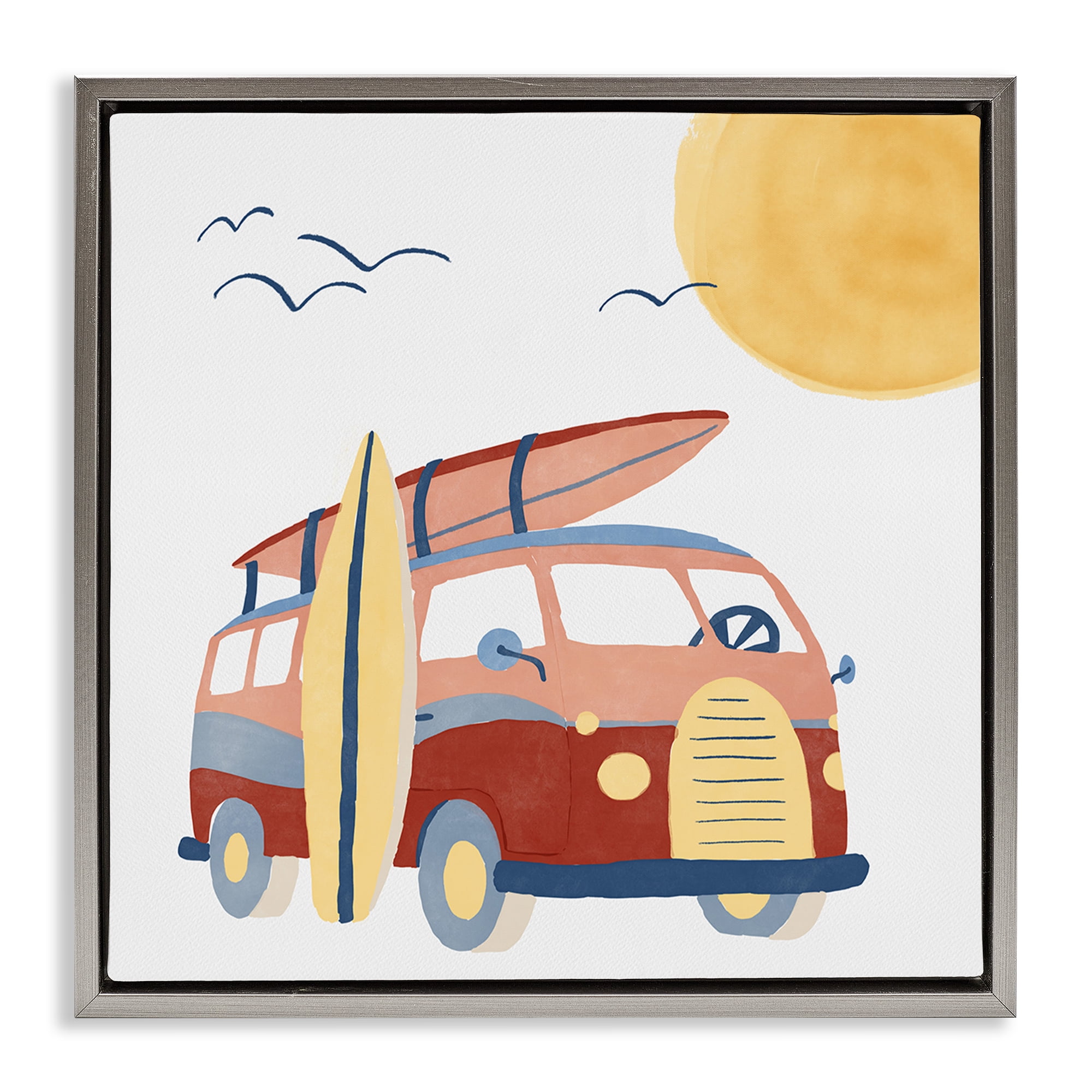 Stupell Industries Summer Surf Bus Transportation Painting Gray Floater Framed Canvas Art Print Wall Art, 25 x 25