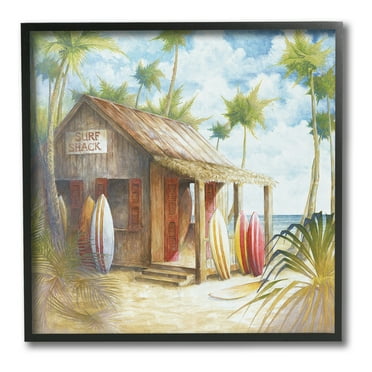 Stupell Industries Summer Surf Shack Landscape Painting Black Framed Art Print Wall Art, 12 x 12