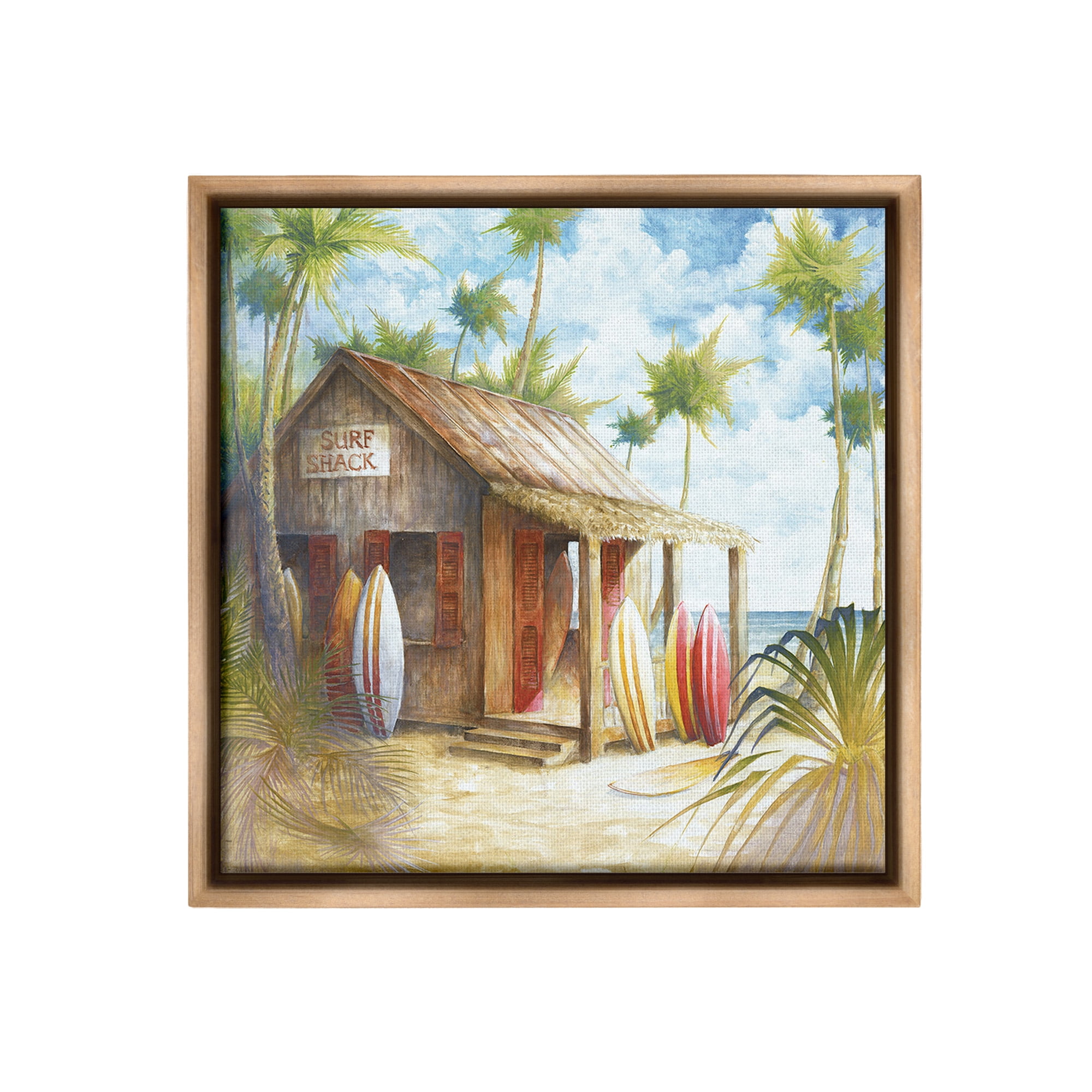 Stupell Industries Summer Surf Shack Landscape Painting Brown Floater Framed Canvas Art Print Wall Art, 18 x 18