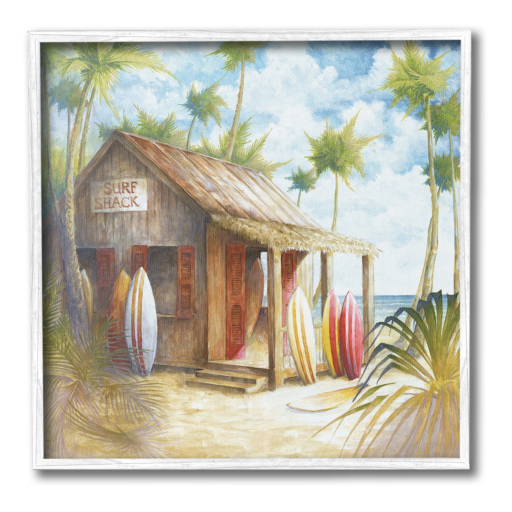 Stupell Industries Summer Surf Shack Landscape Painting White Framed Art Print Wall Art, 12 x 12