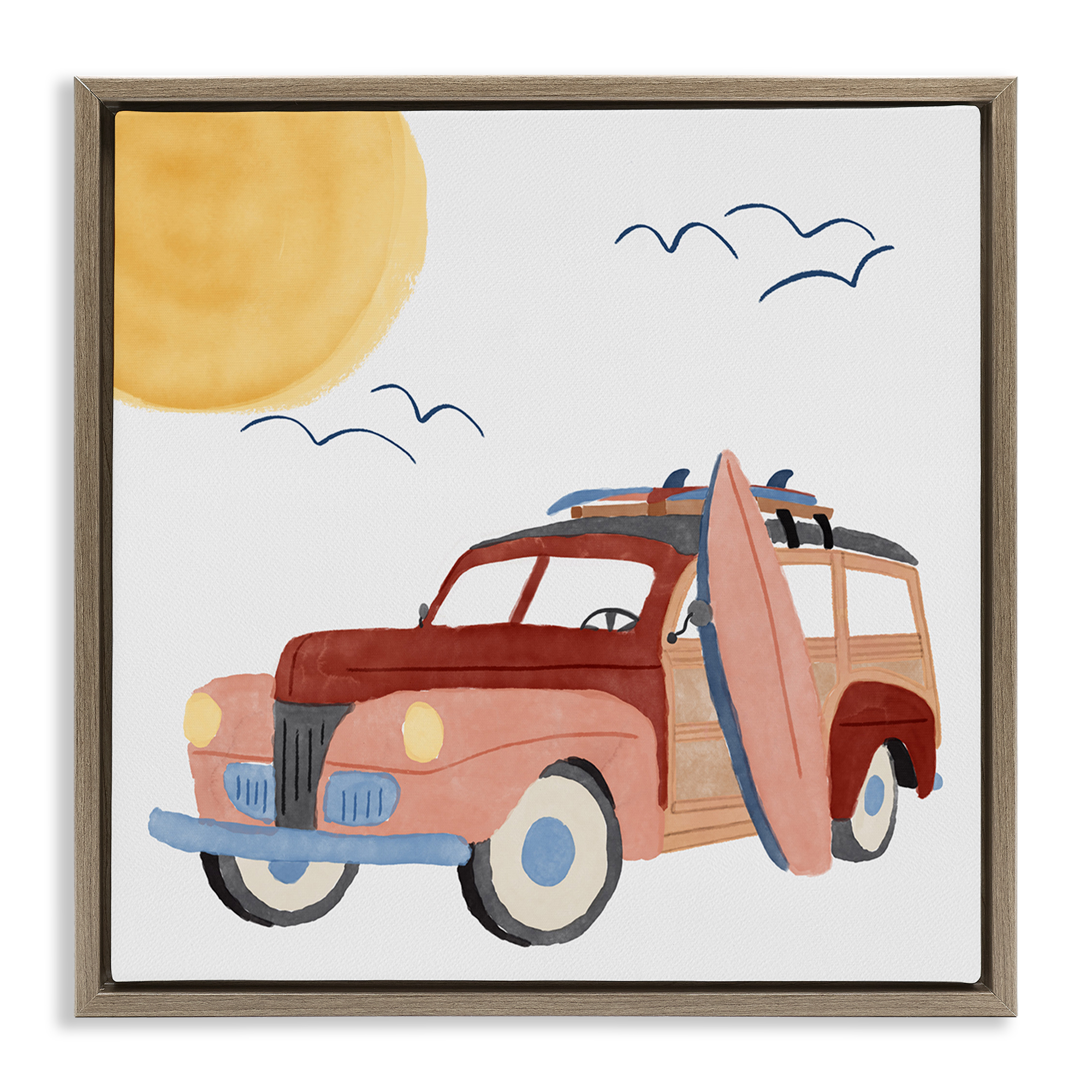 Stupell Industries Summer Surf Wagon Transportation Painting Brown Floater Framed Canvas Art Print Wall Art, 25 x 25