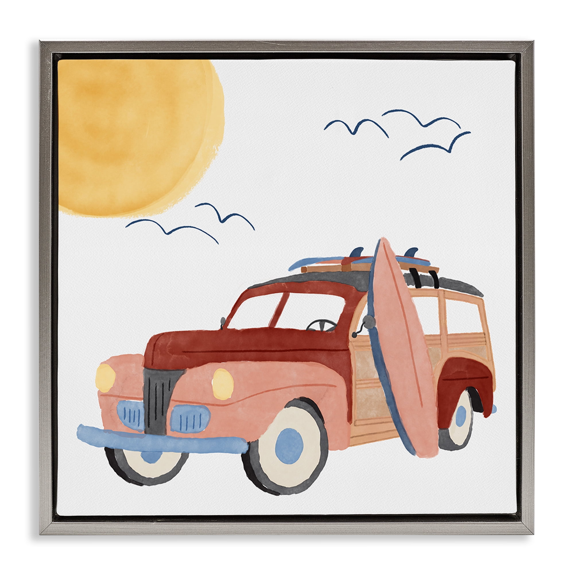 Stupell Industries Summer Surf Wagon Transportation Painting Gray Floater Framed Canvas Art Print Wall Art, 18 x 18