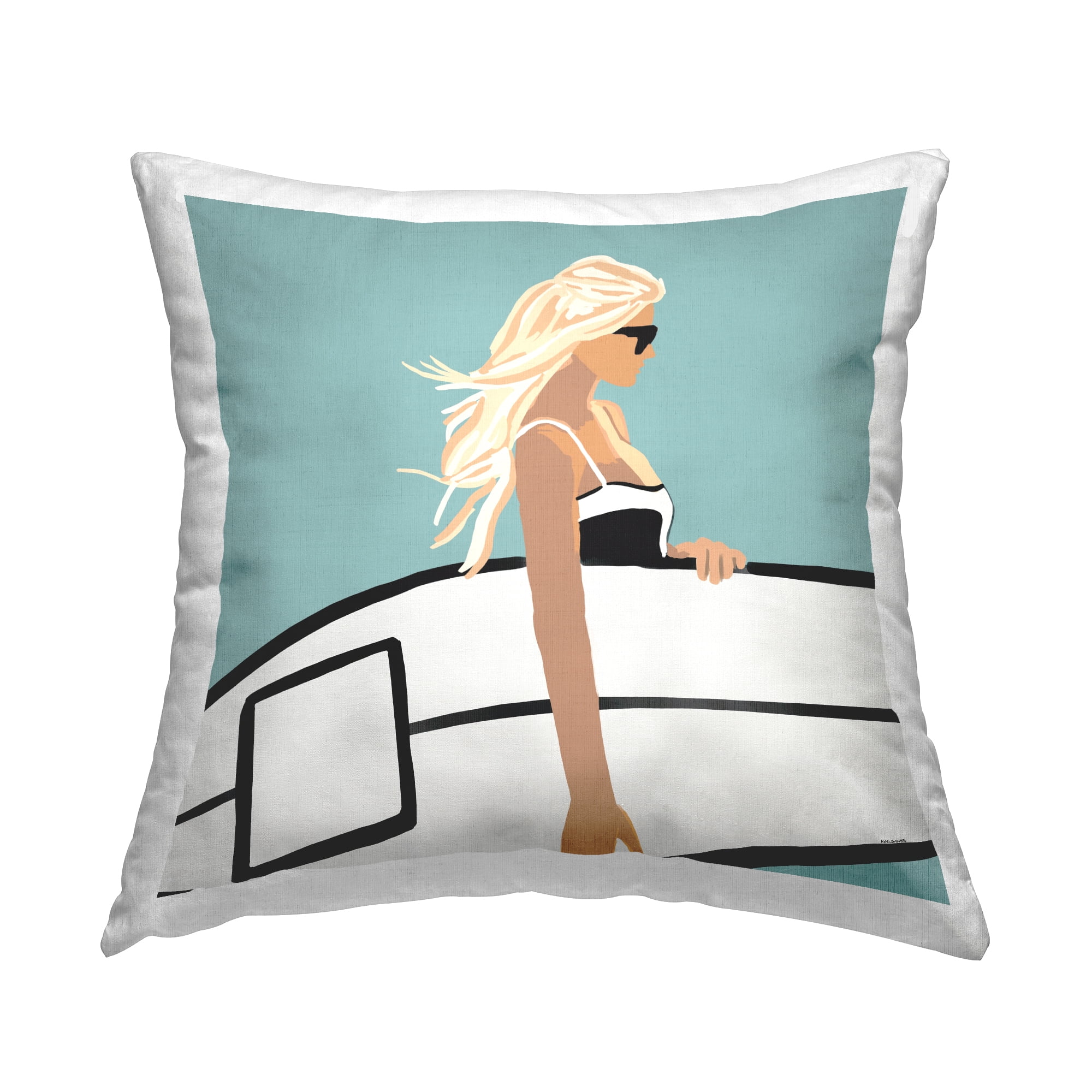 Stupell Industries Summer Surfer Girl Beach Sky Square Decorative Printed Throw Pillow, 18 x 18,