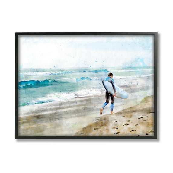 Stupell Industries Summer Surfer Walking Coast Incoming Tide Sandy Footprints, 14 x 11,Design by Ziwei Li