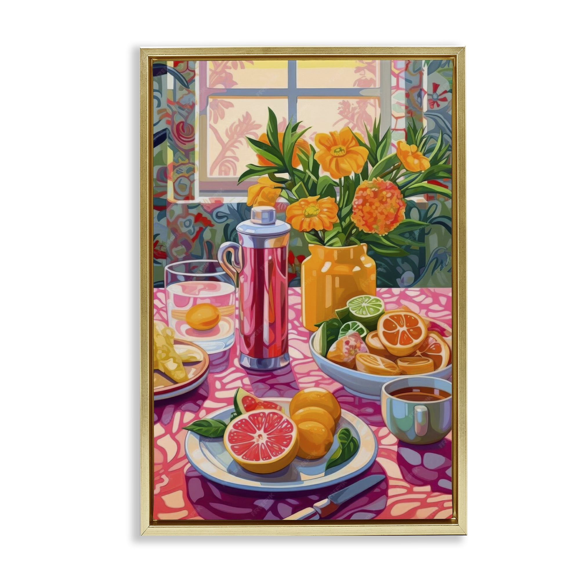 Stupell Industries Summer Table Spread Food & Beverage Painting Gold Floater Framed Canvas Art Print Wall Art, 21 x 31