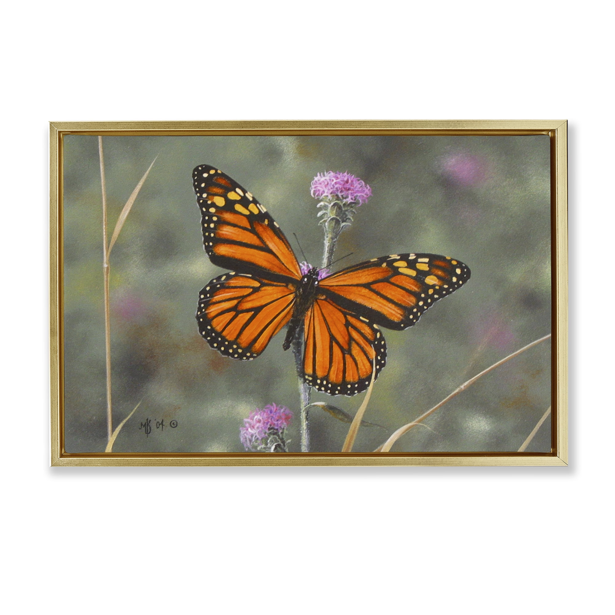 Stupell Industries Summer Visitor Butterfly Animals Photography Gold Floater Framed Canvas Art Print Wall Art, 25 x 17