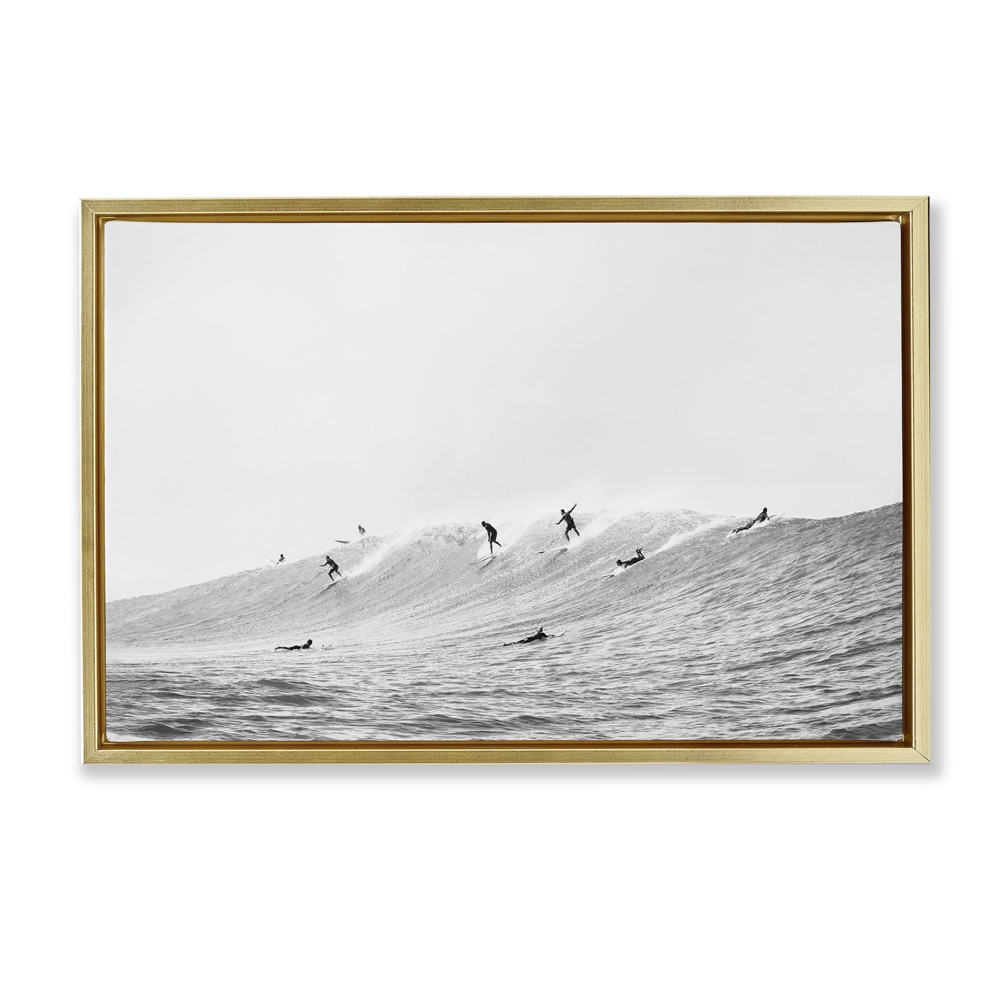 Stupell Industries Summer Wave Surfers Nautical & Beach Photography Gold Floater Framed Canvas Art Print Wall Art, 25 x 17